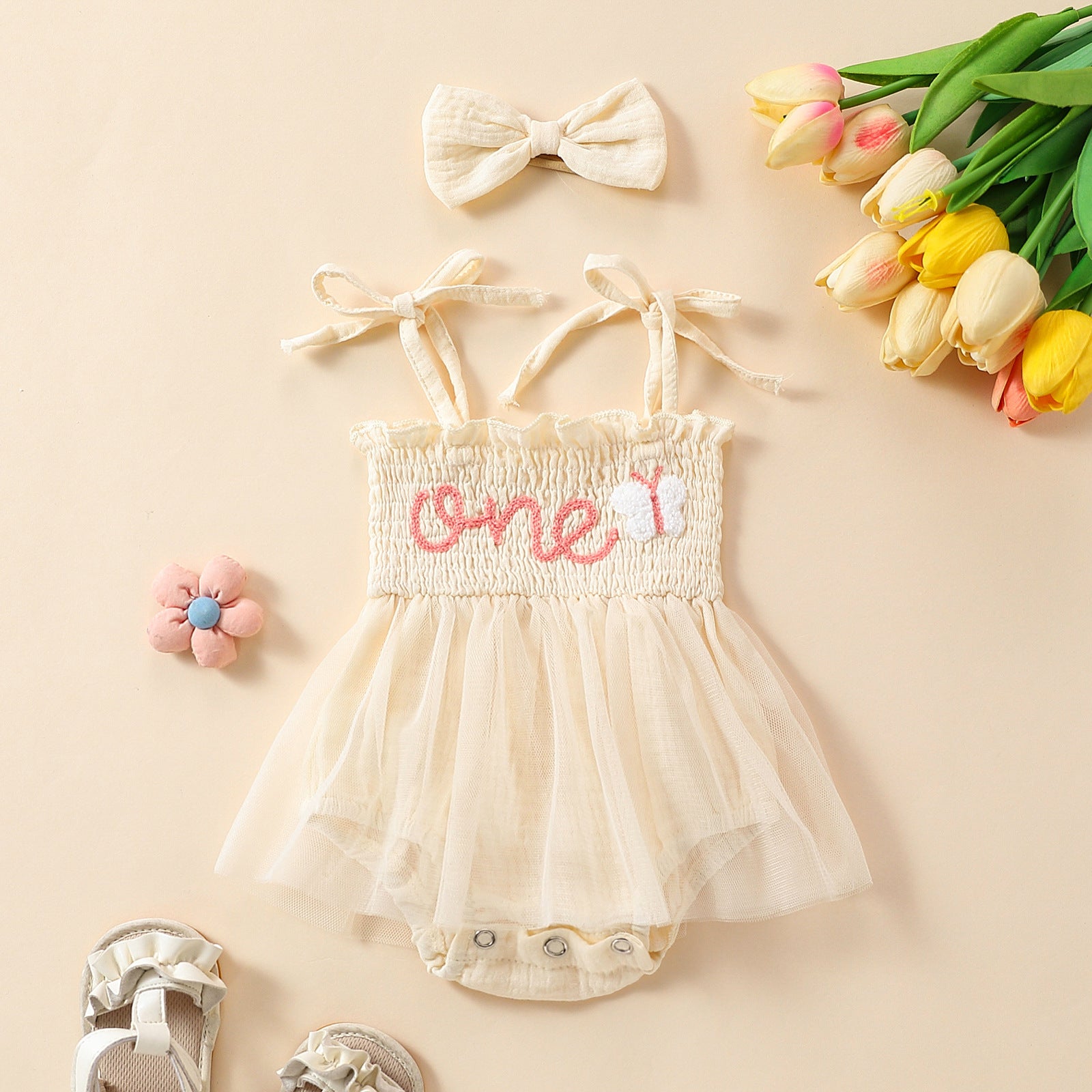 Towel Embroidery Mesh Slip Dress Bowknot Headband Two-piece Set