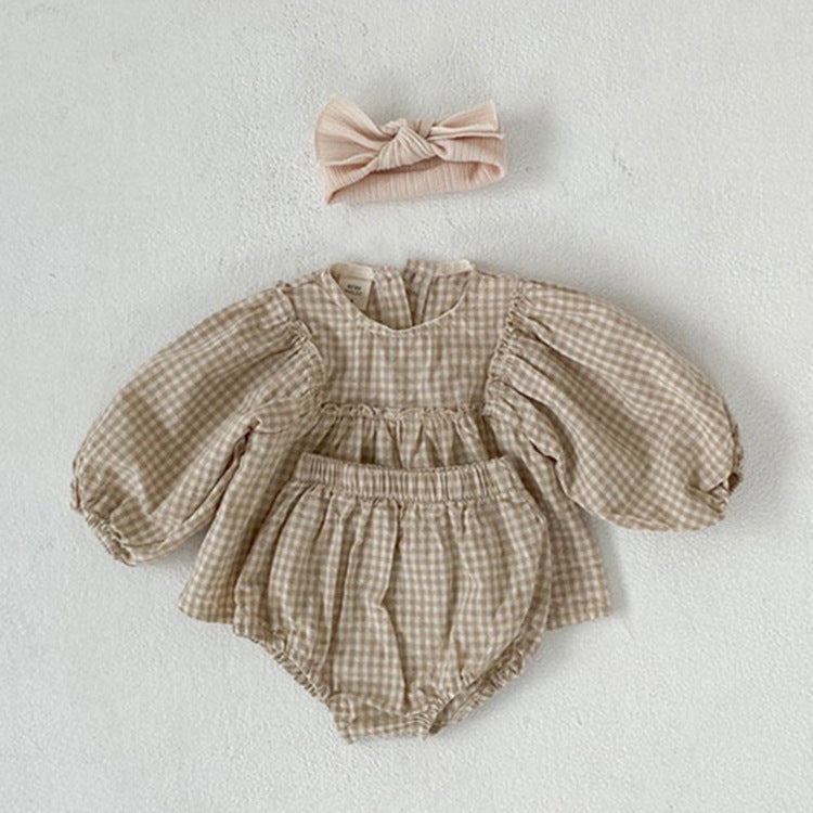 Girl's Suit Western Style Plaid Puff Sleeve Doll Top With Fart Pants Suit