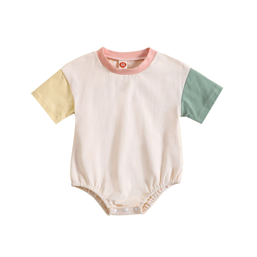 Baby Solid Color Stitching Romper Short Sleeve