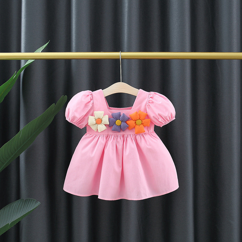 Girl's Square Collar Puff Sleeve Princess Dress