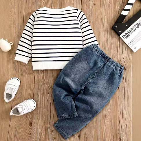 Children's Baby Suit Embroidered Striped Long-sleeved Jeans Suit