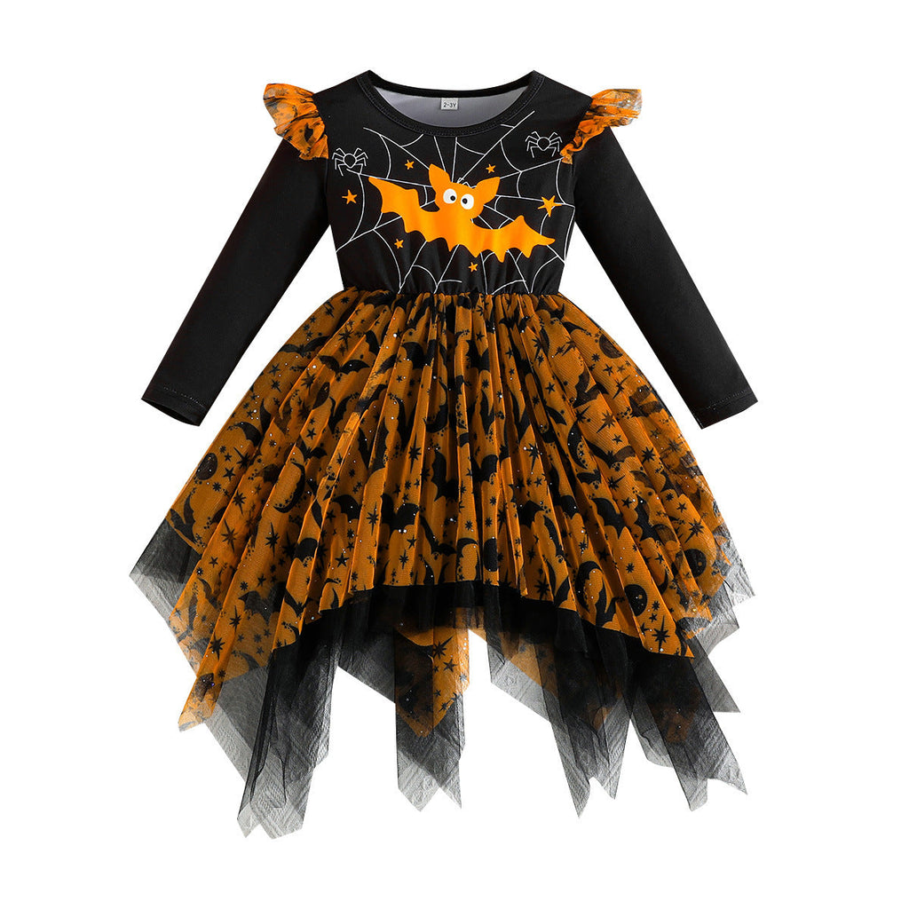 Mesh Irregular Hem Hanging Corner Printing Fashion Girls Dress