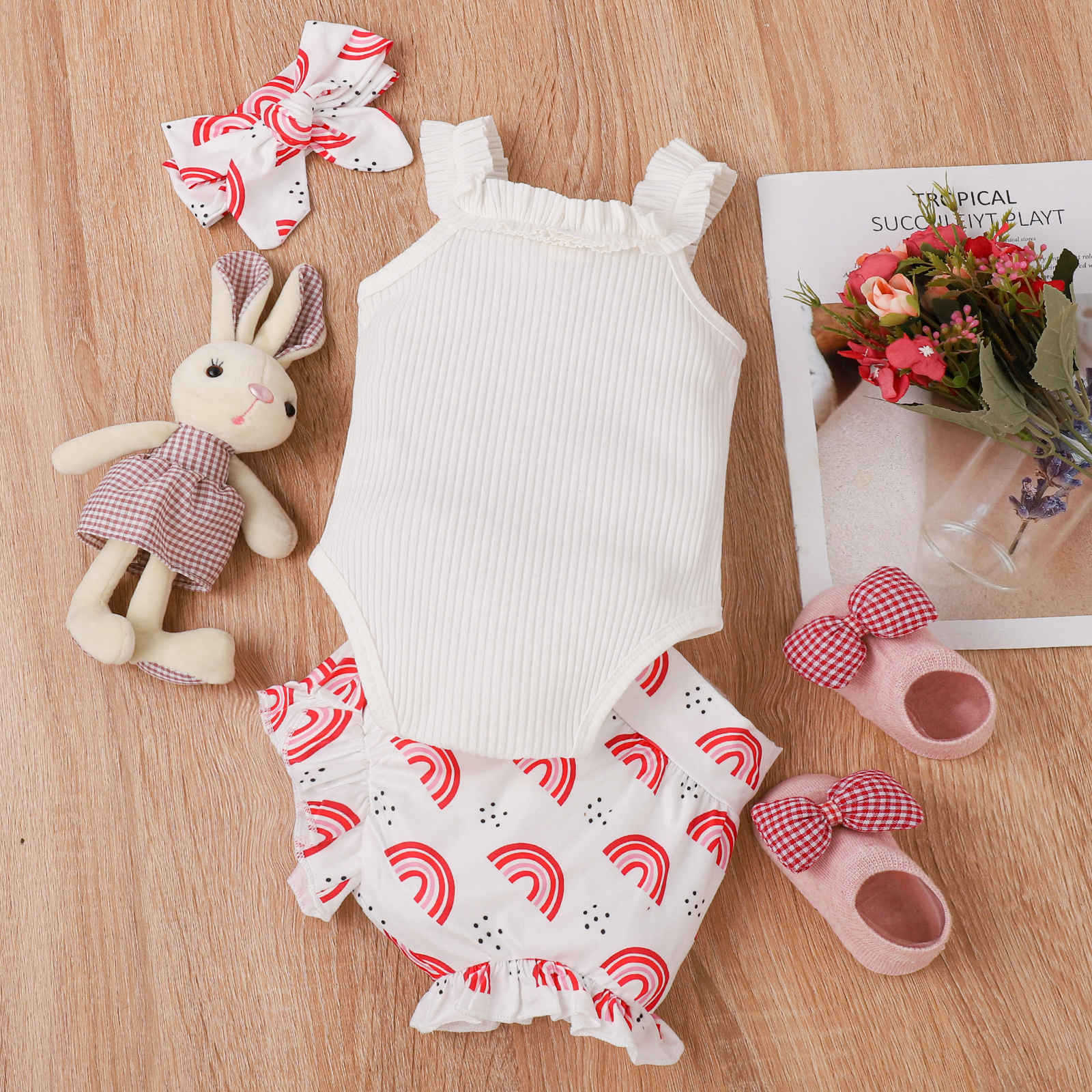 Girls' Fashion Sling Pit Striped Harness Printed Shorts Set