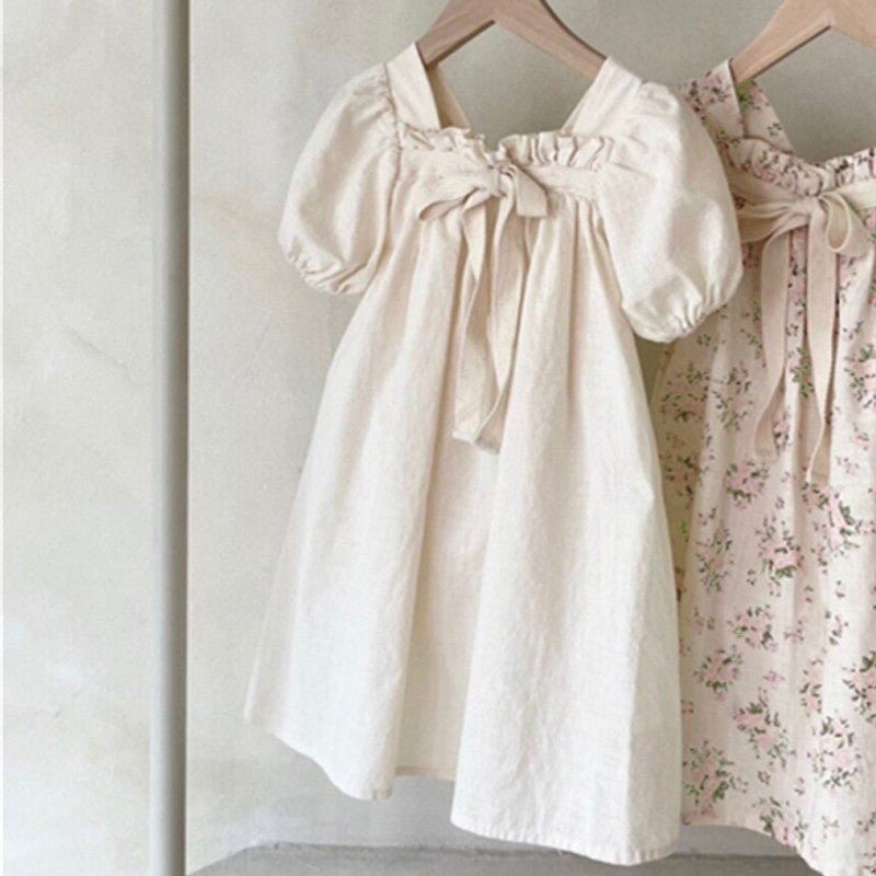 Girls Bow Bubble Sleeve Floral Square Neck Dress