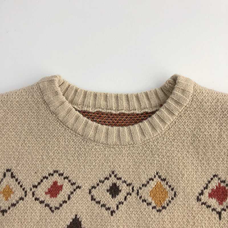 Graffiti Rhombus Cool Contrast Color Kids' Sweater Autumn And Winter Korean Style