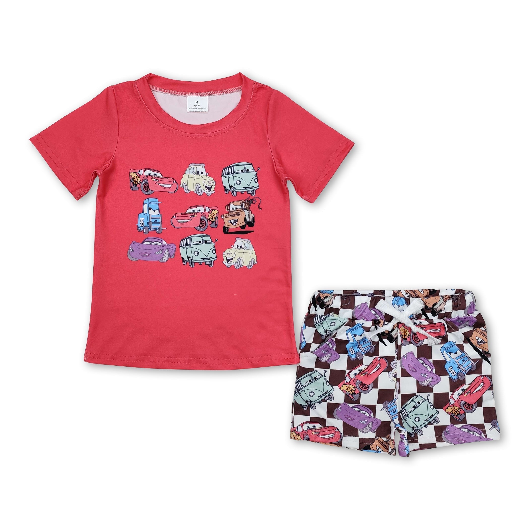 Red short sleeves top plaid cars shorts boys clothing