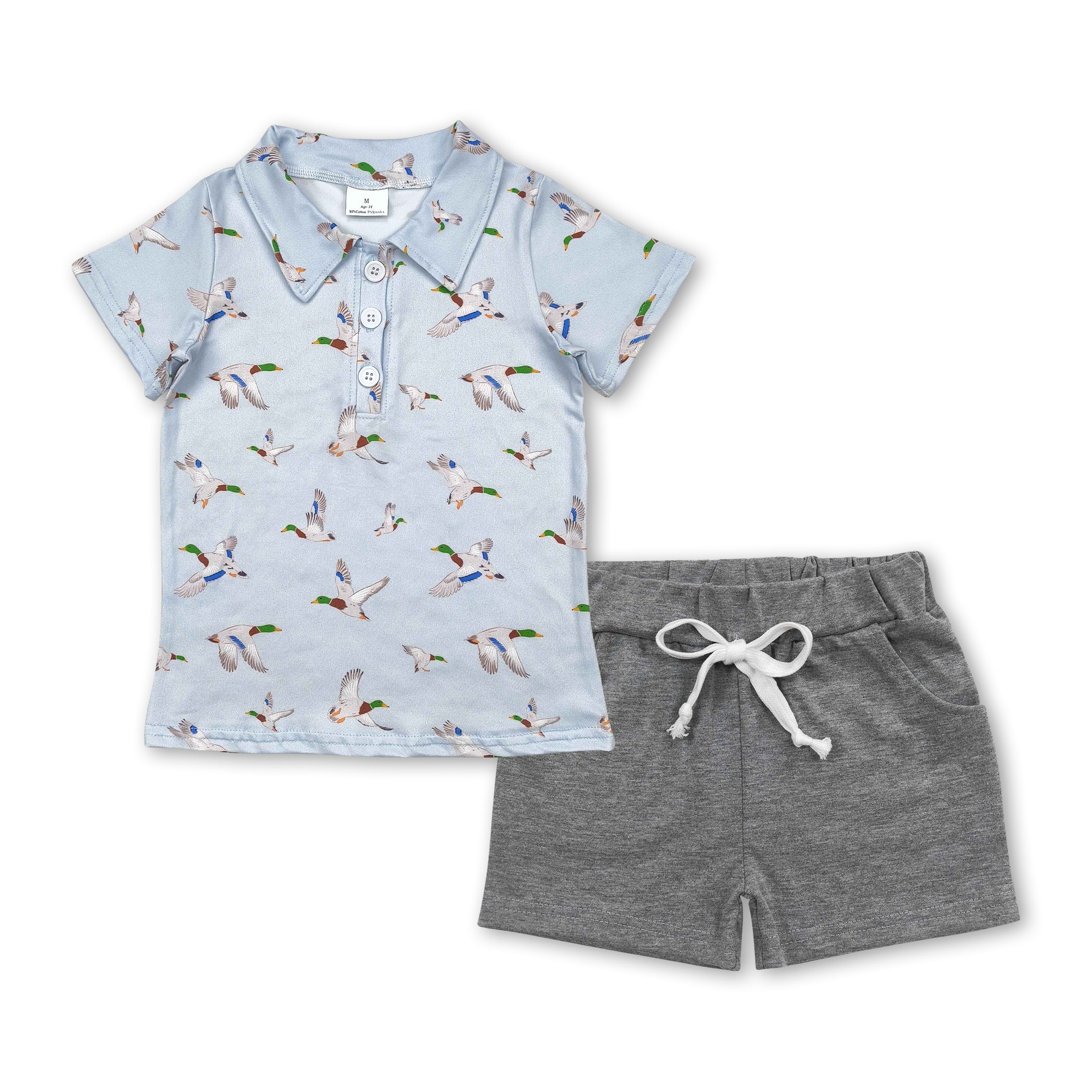 Duck polo shirt grey shorts kids boys summer clothes