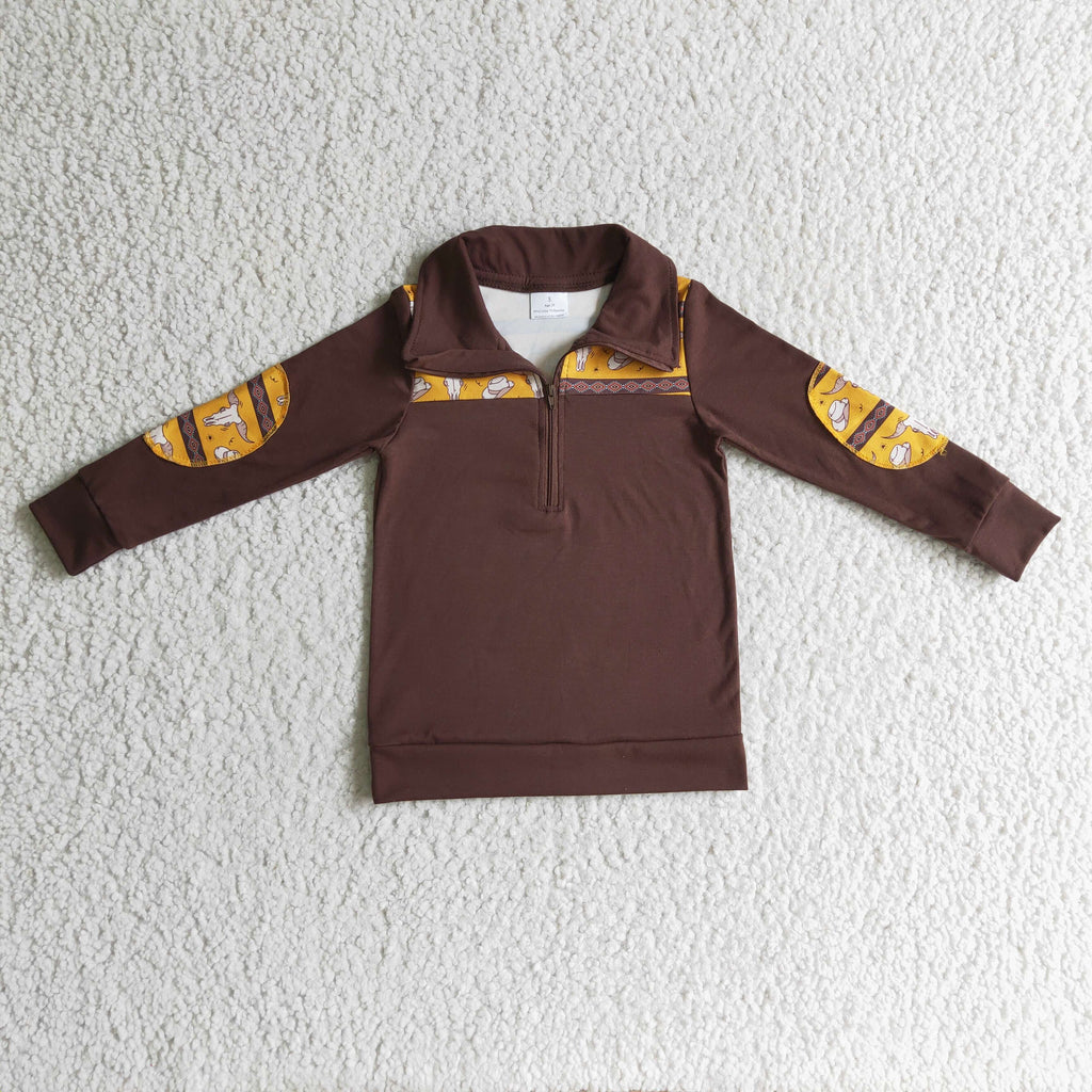 Bull skull hat brown zipper western pullover
