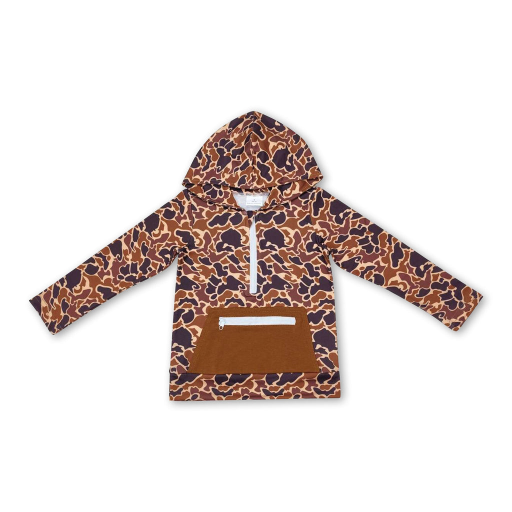 Brown long sleeves camo pocket zipper boys hoodie