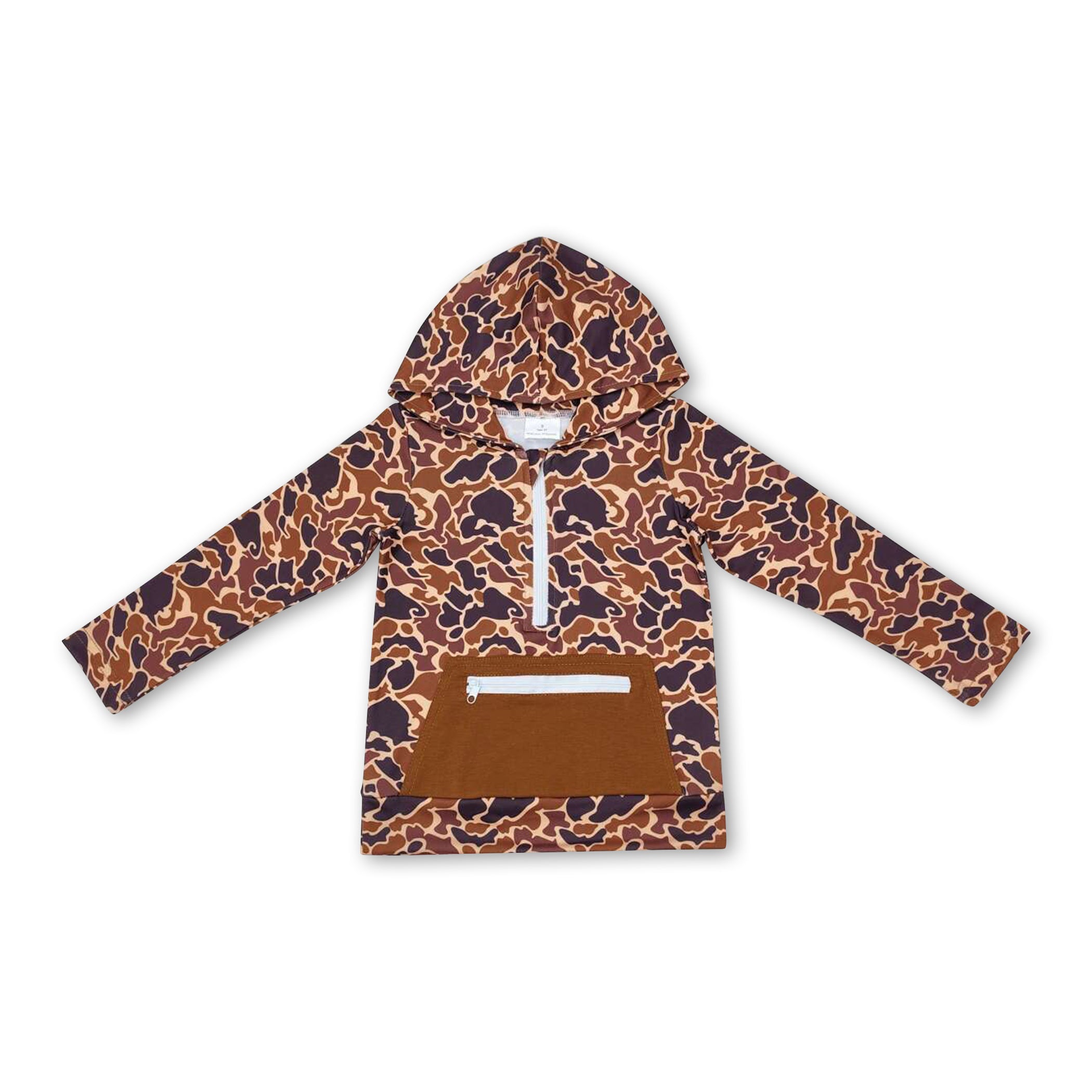 Brown long sleeves camo pocket zipper boys hoodie