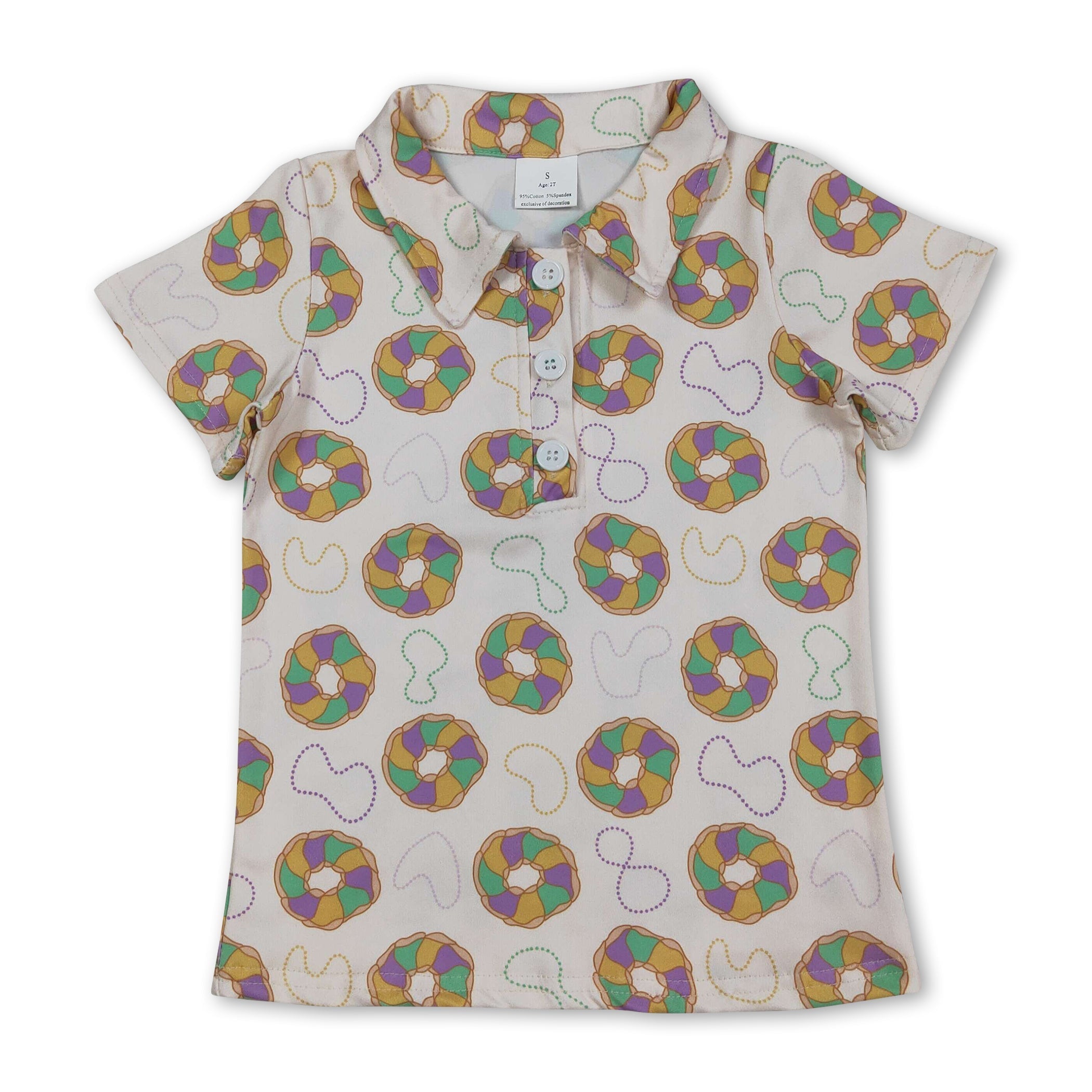 Purple yellow green donuts boys Mardi Gras polo shirt