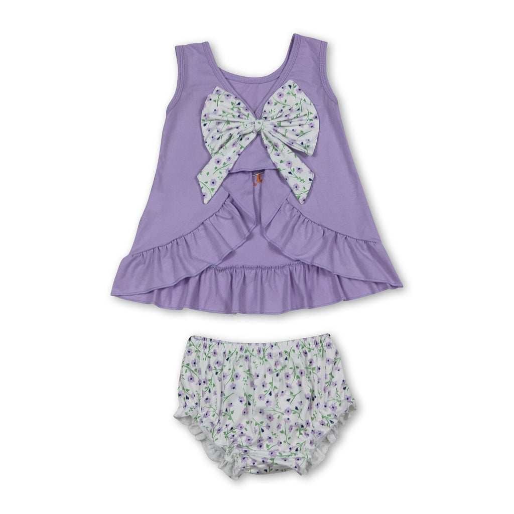 Lavender floral bow goose top bummies baby girls set
