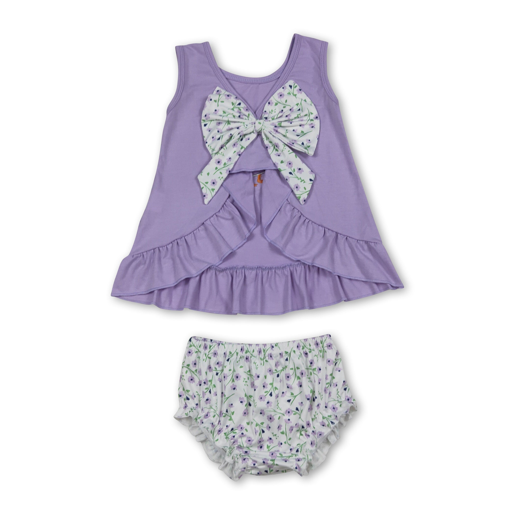 Lavender floral bow goose top bummies baby girls set