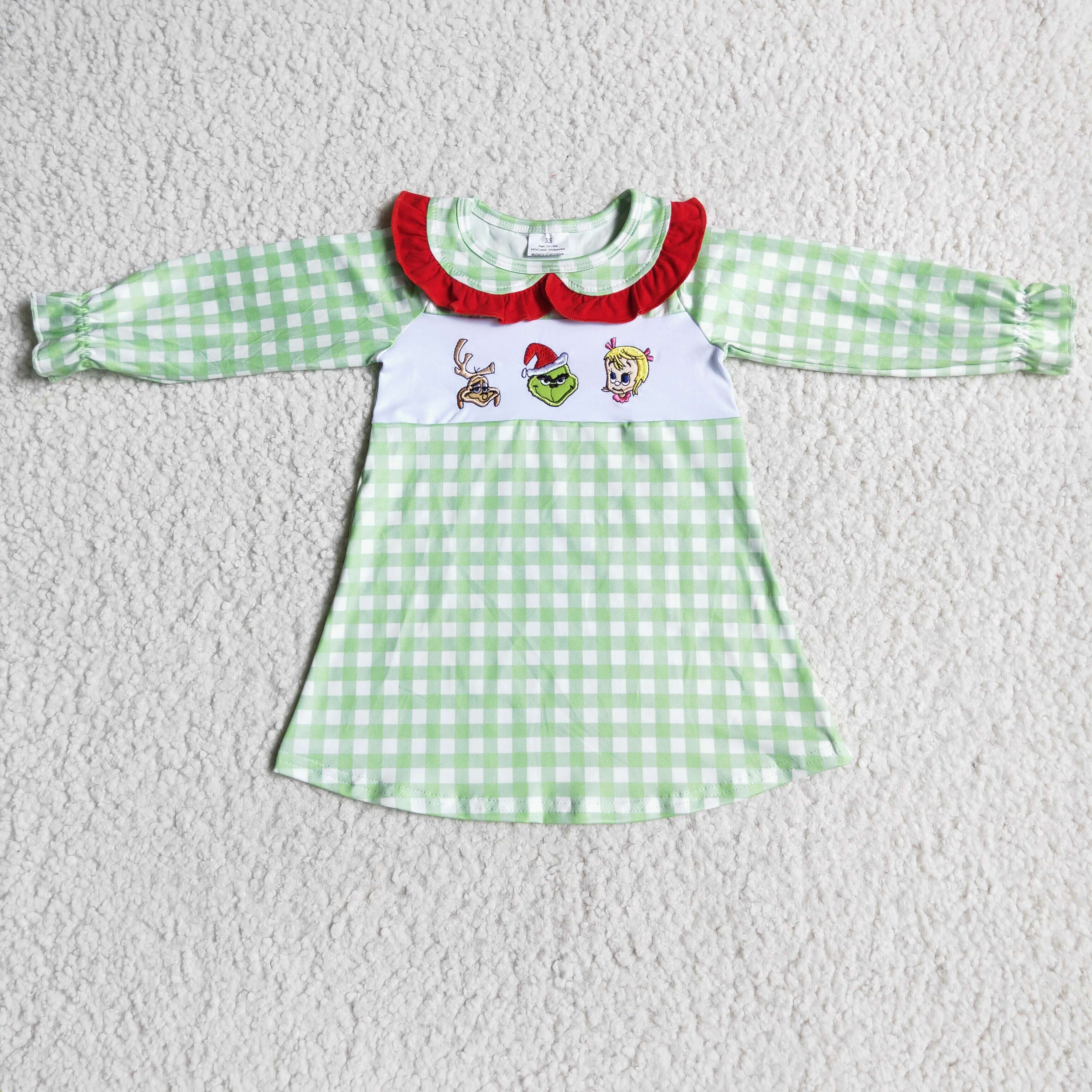 Plaid sleeves green face embroidery girls Christmas dresses