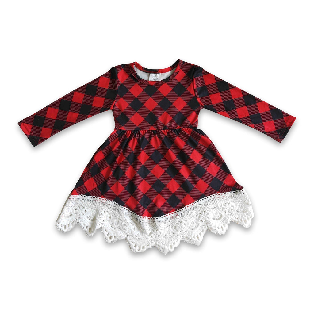 Buffalo plaid long sleeves girls lace Christmas dresses