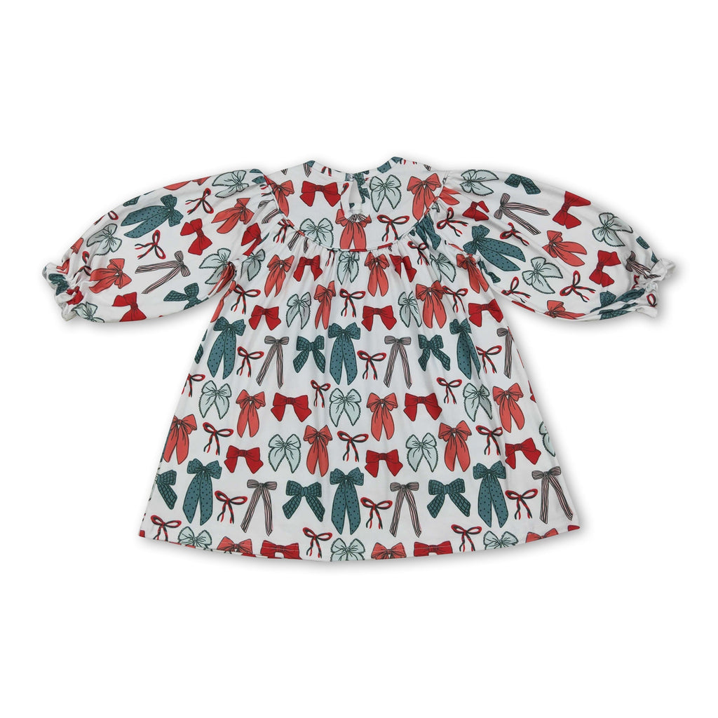 Red green bow long sleeves girls Christmas dress
