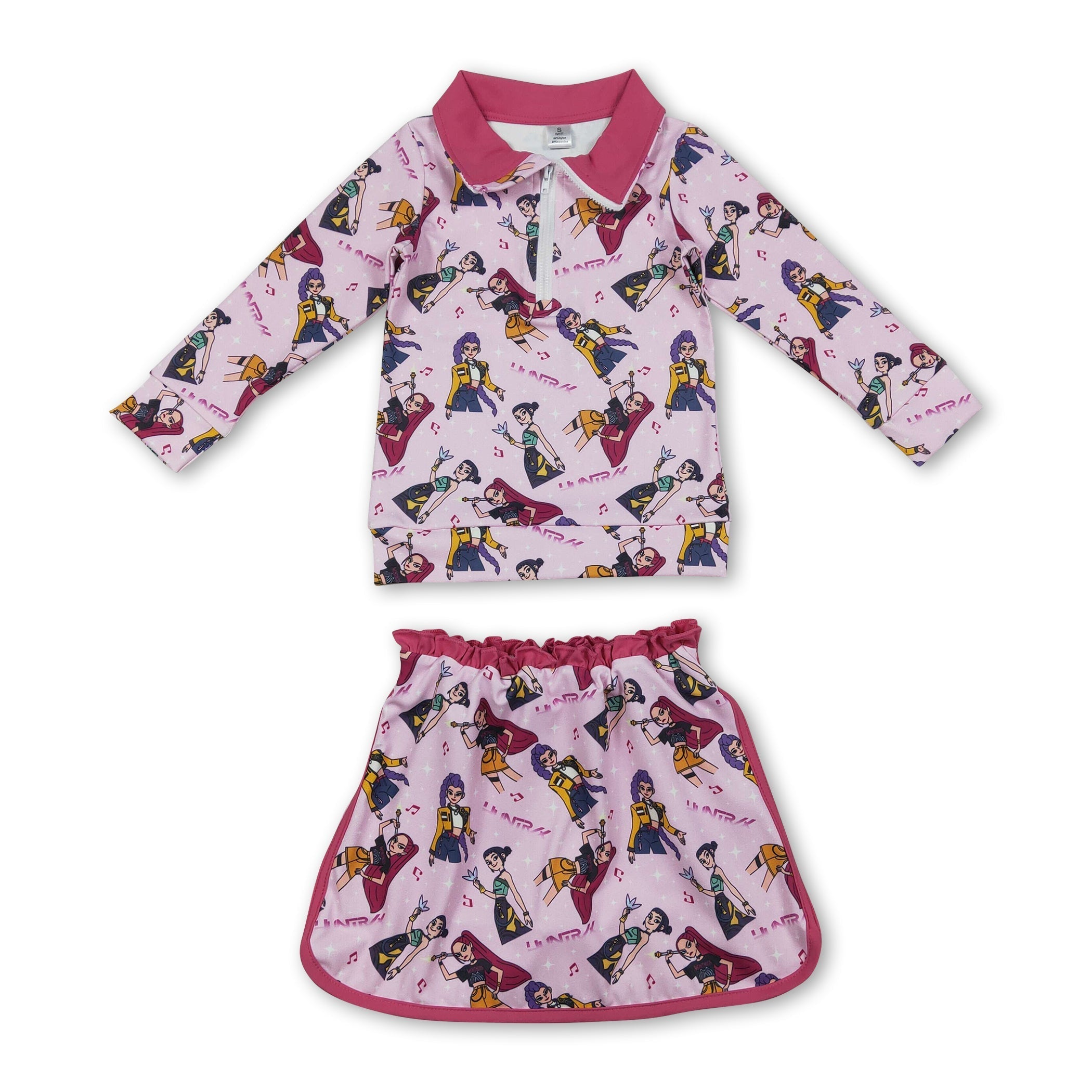 Hot pink music pullover skirt kids girls clothing set