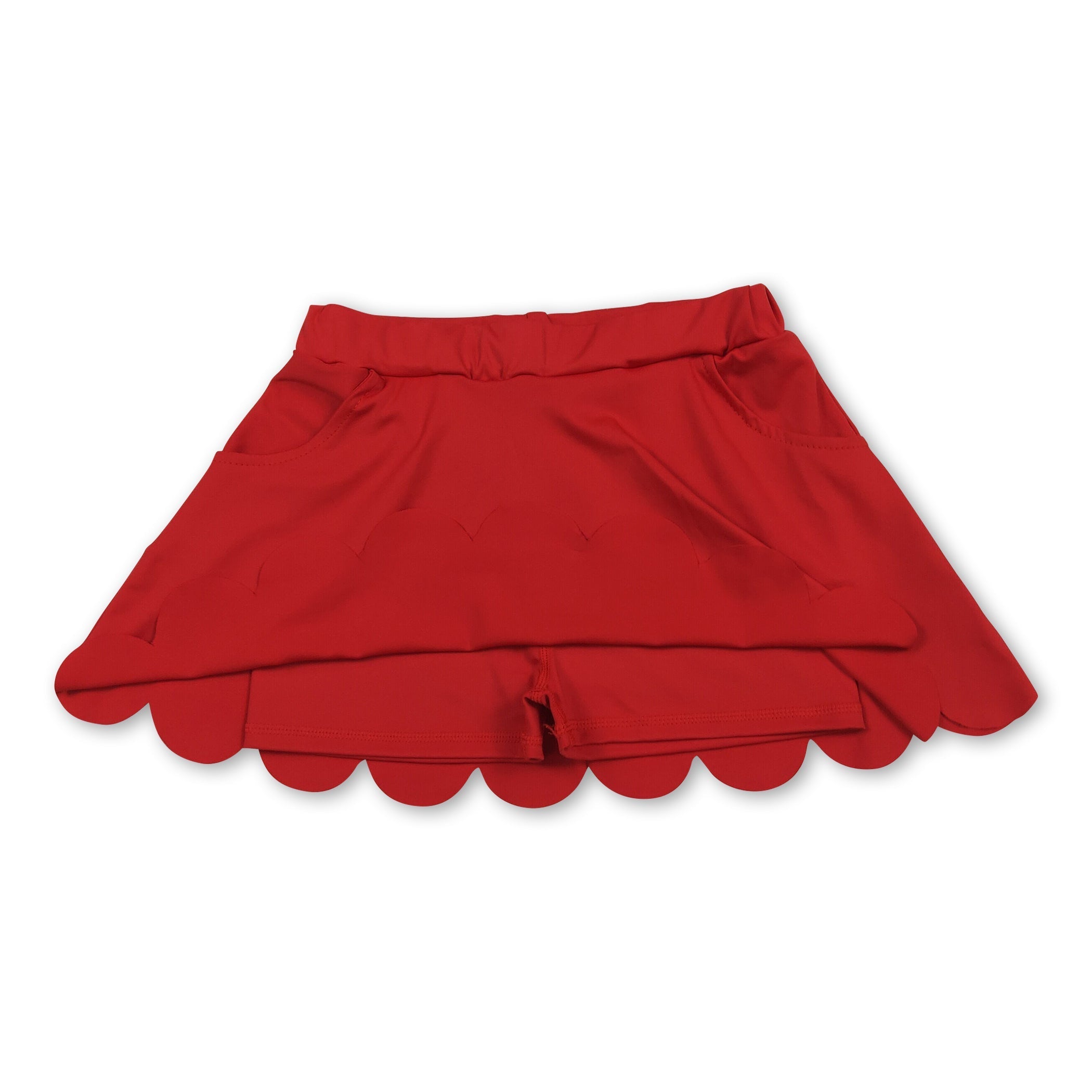 Red pockets scallop kids girls summer activwear skirt