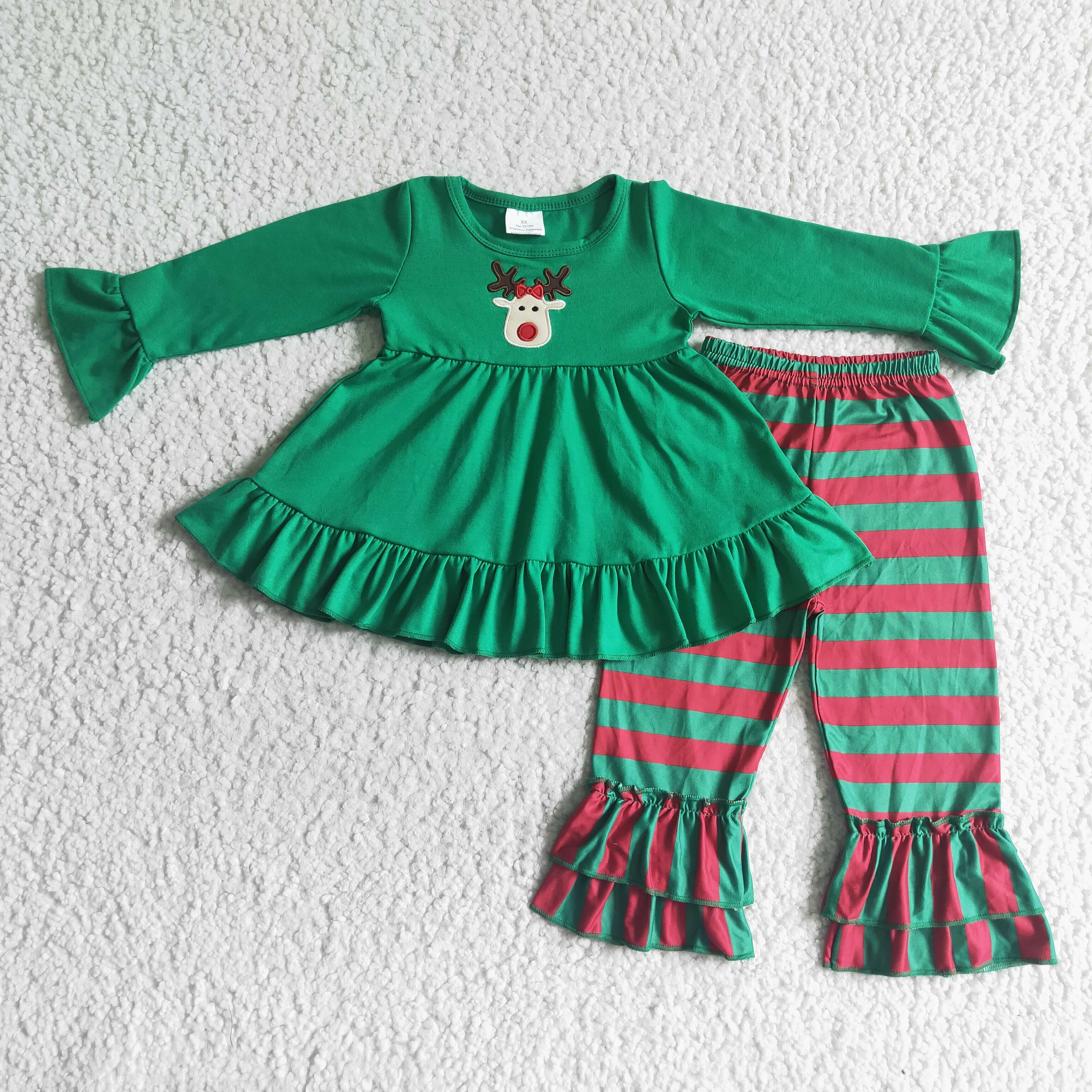 Reindeer embroidery tunic stripe pants kids girls Christmas clothes