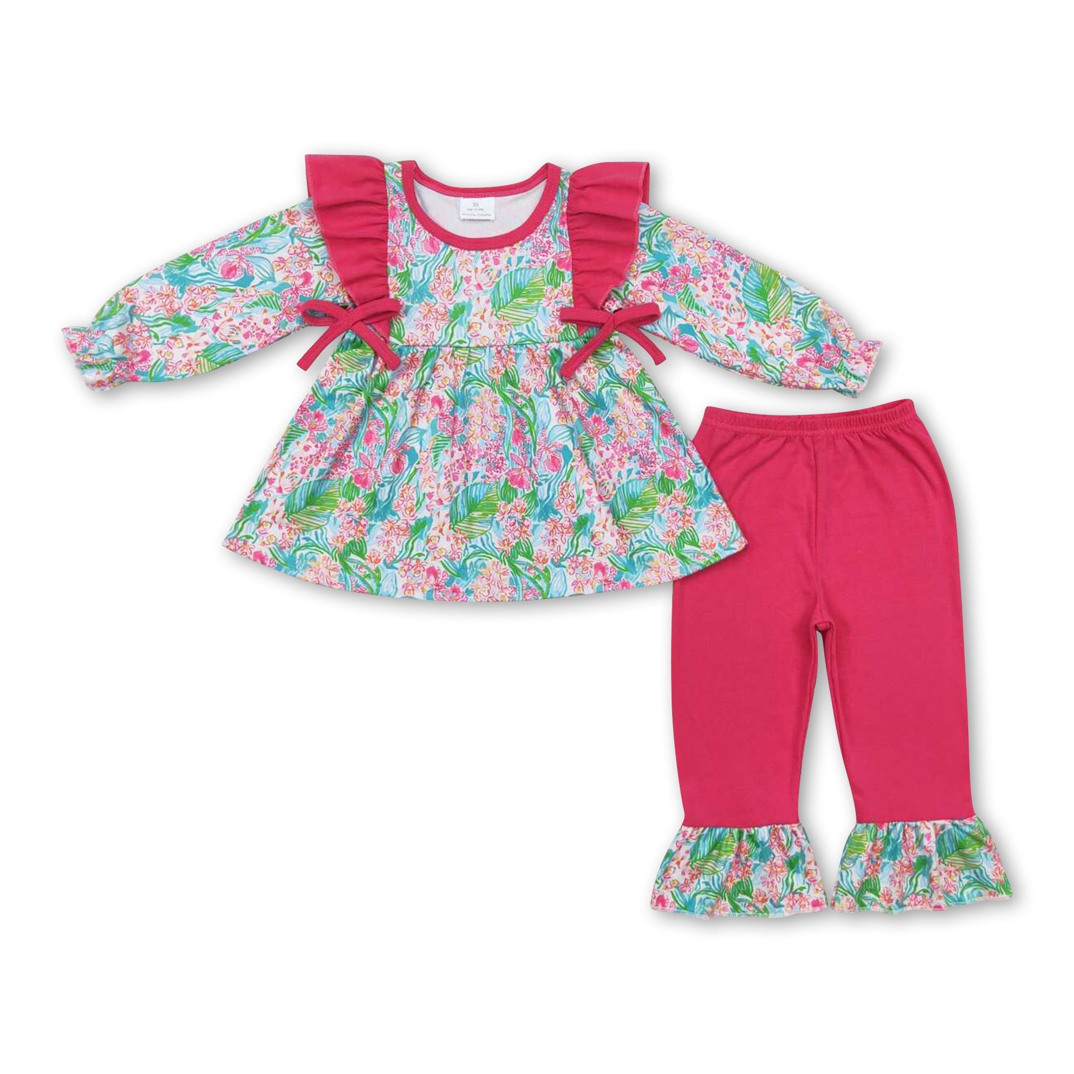 Watercolor floral tunic hot pink ruffle pants girls clothing