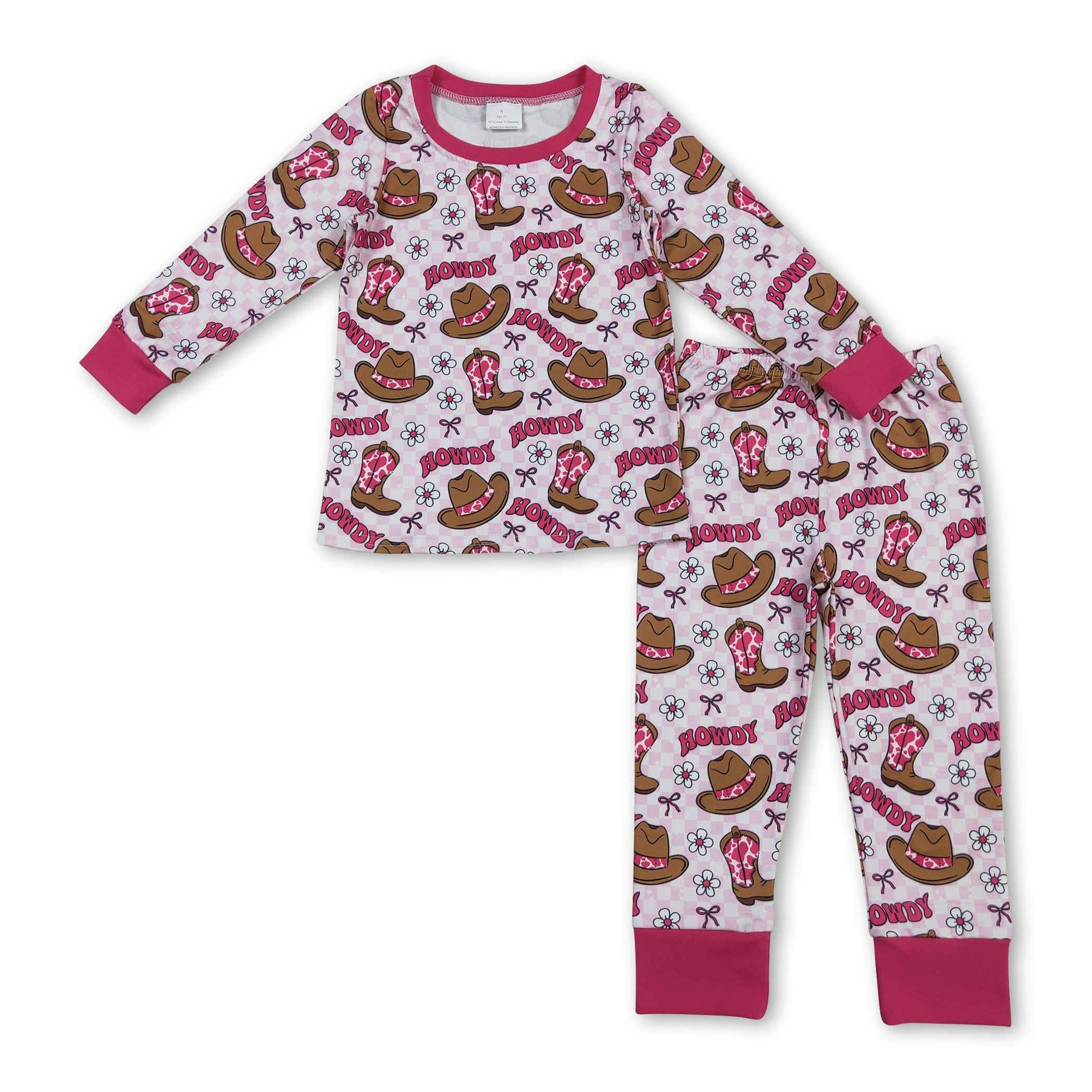 Long sleeves cow boots howdy floral western girls pajamas