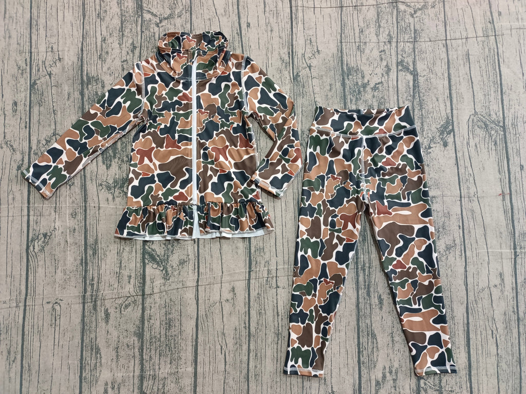 Long sleeves brown camo ruffle top leggings girls yoga set