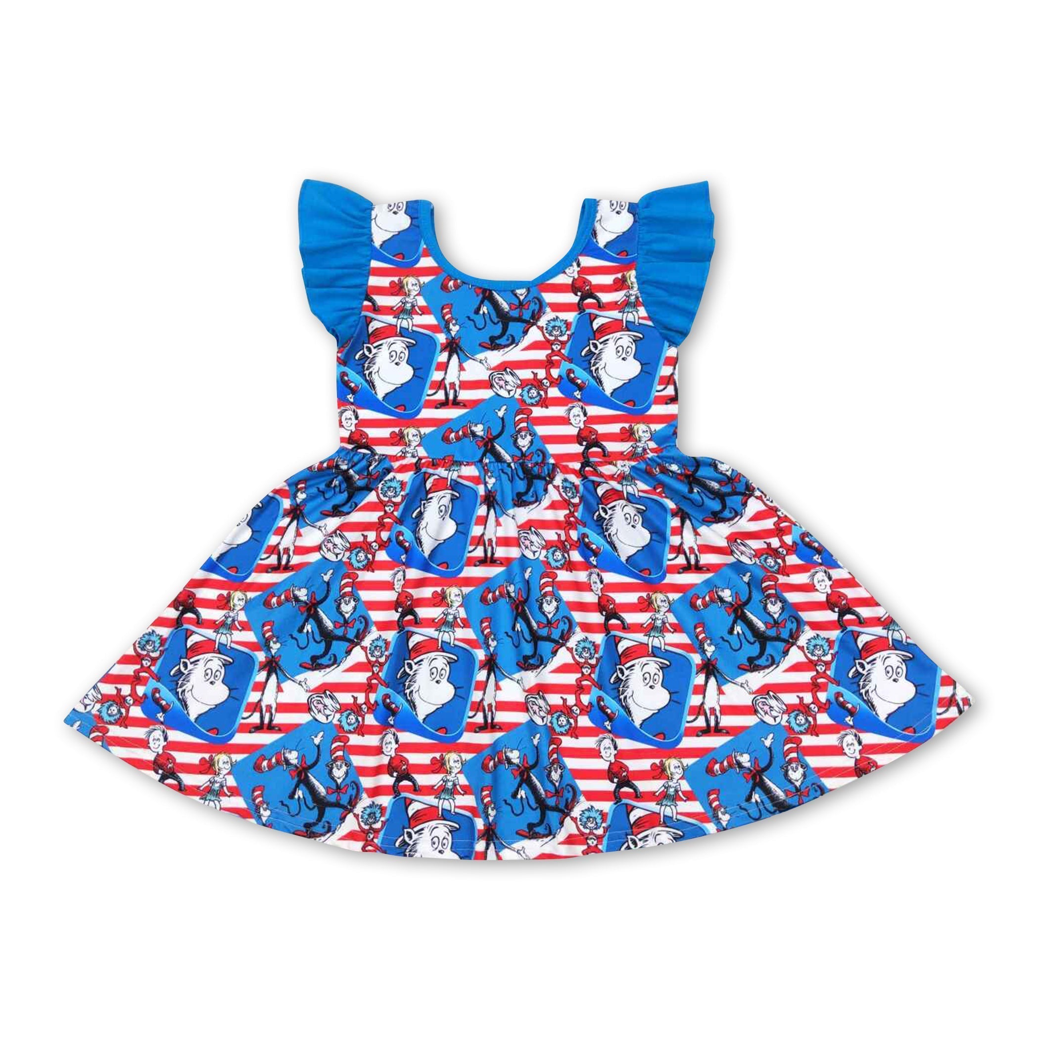 Flutter sleeves blue red stripe cat hat girls dresses