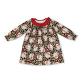 Long sleeves red ruffle leopard santa girls Christmas dress