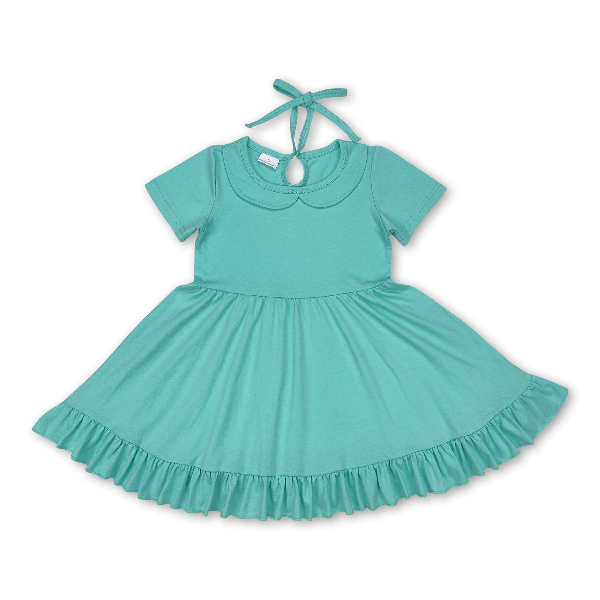Green short sleeves ruffle summer girls dresses