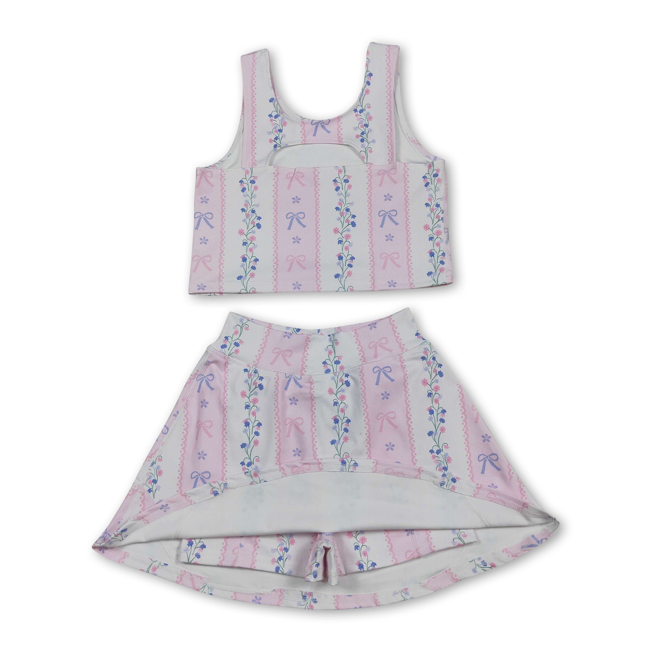 Sleeveless pink bow floral top skirt girls active wear set