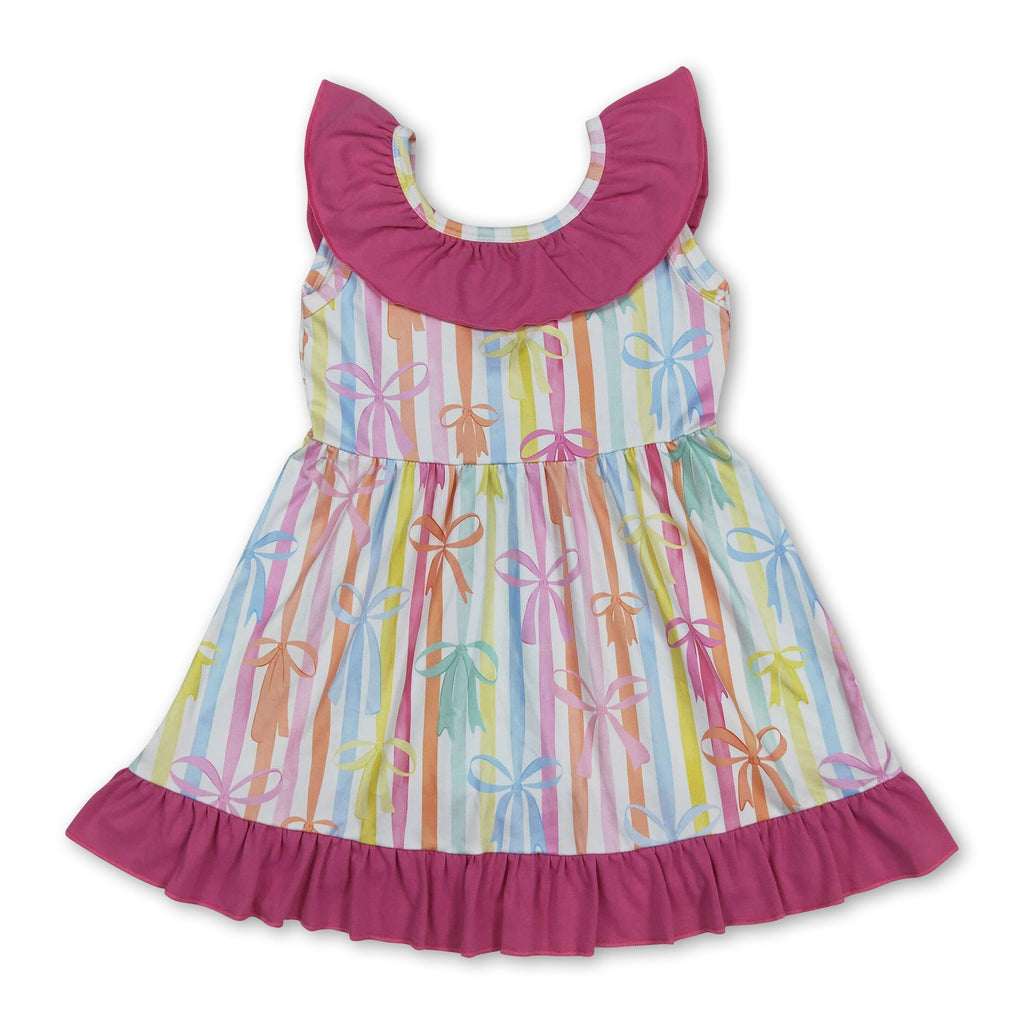 Sleeveless colorful stripe bows ruffle baby girls dresses