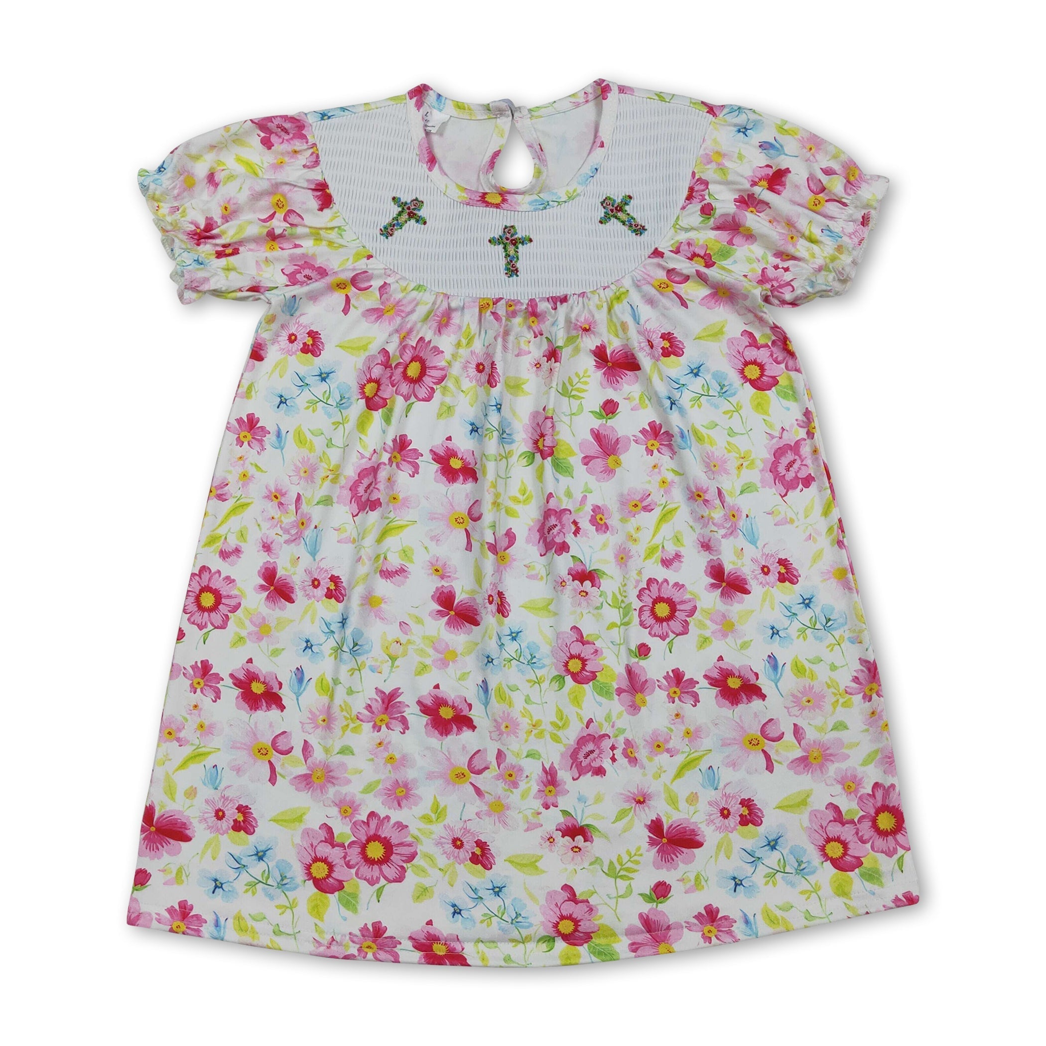 Floral short sleeves cross smocked baby girls Easter dress