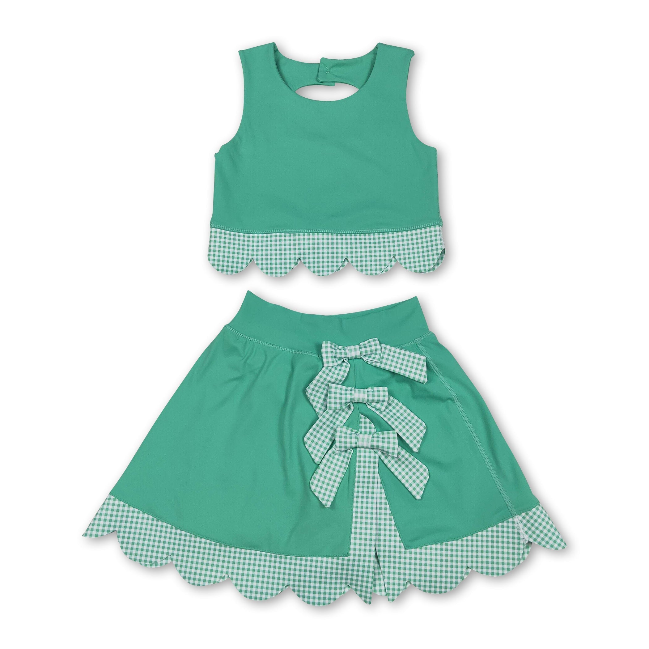 Sleeveless green crop top plaid bow skirt kids girls active set