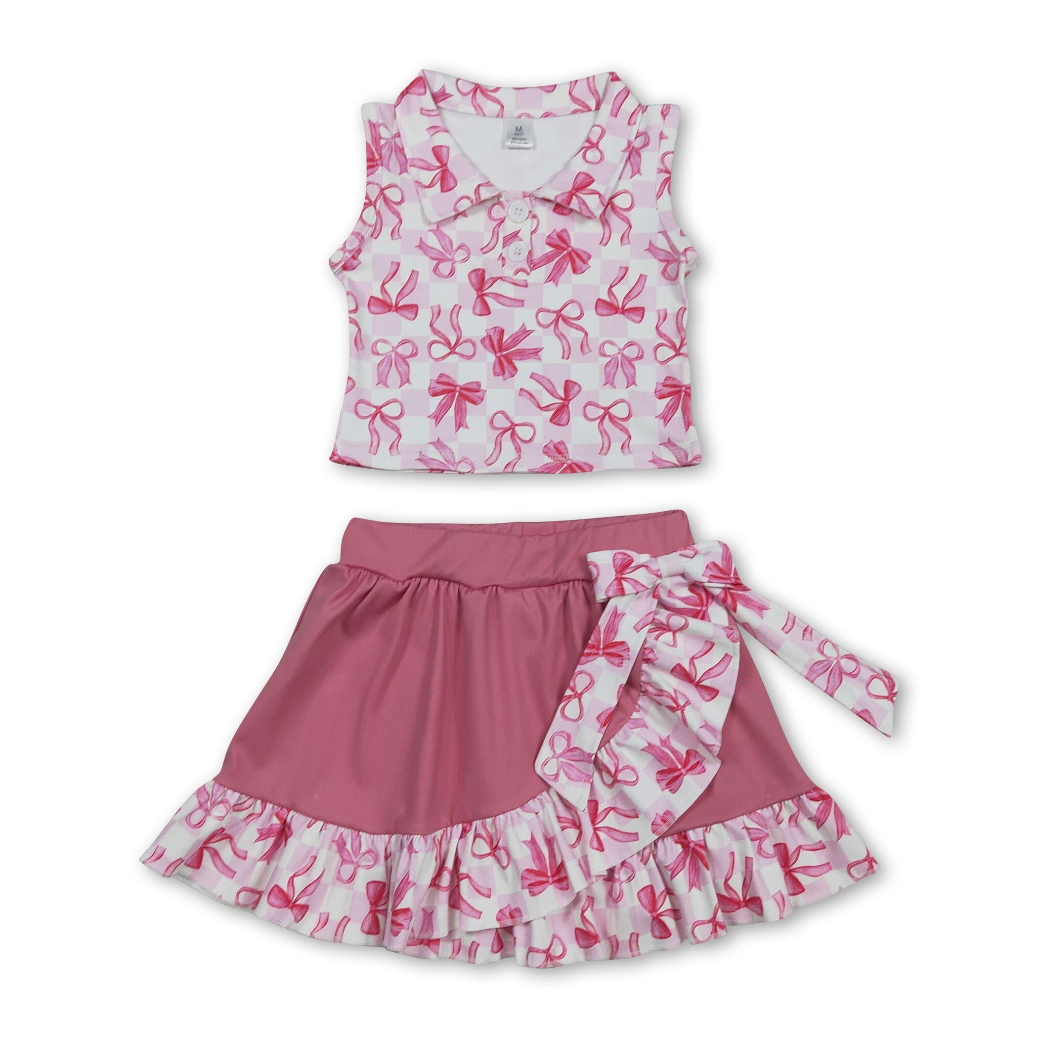 Sleeveless plaid bow top ruffle skirt girls activewear set
