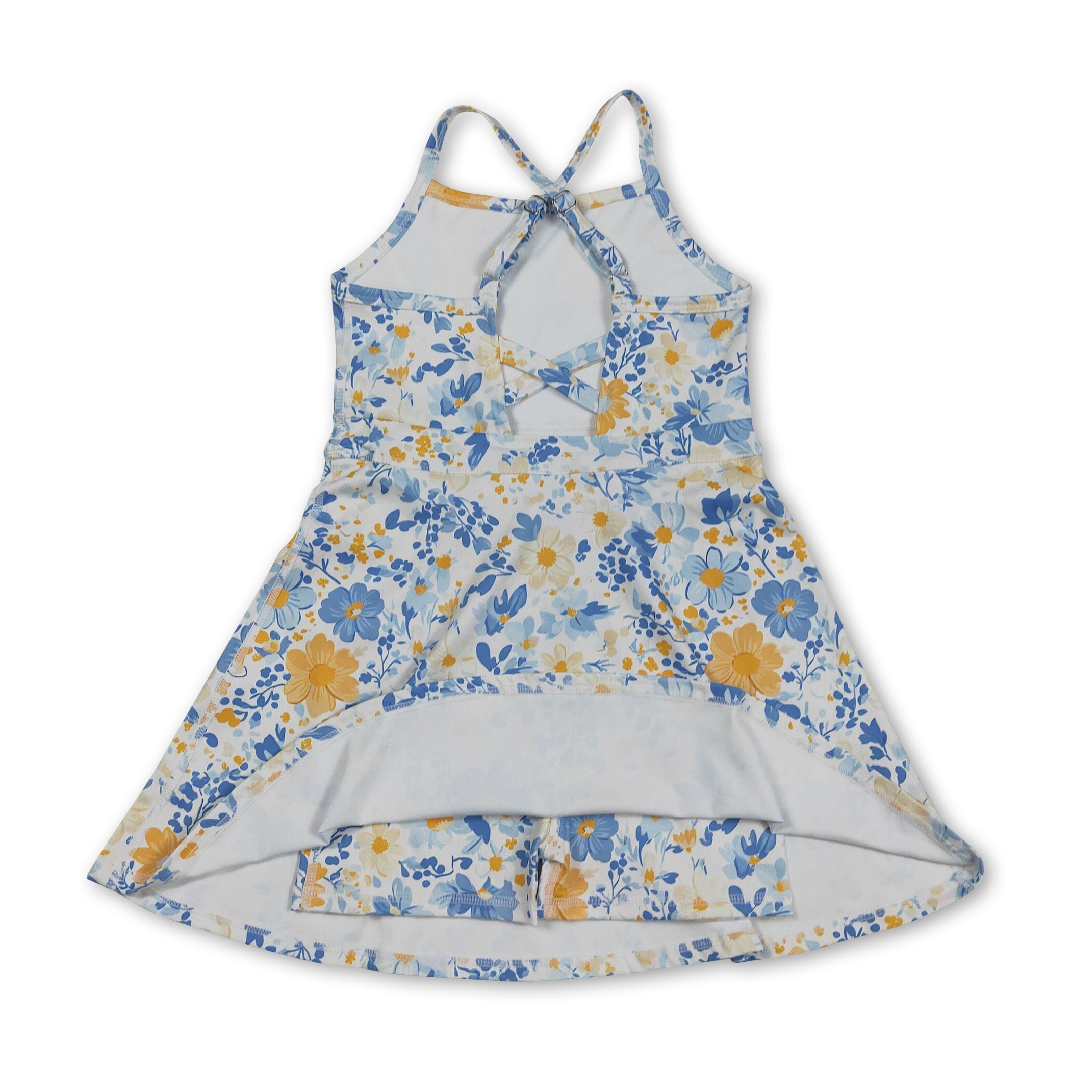 Straps blue yellow floral kids girls athletic dresses