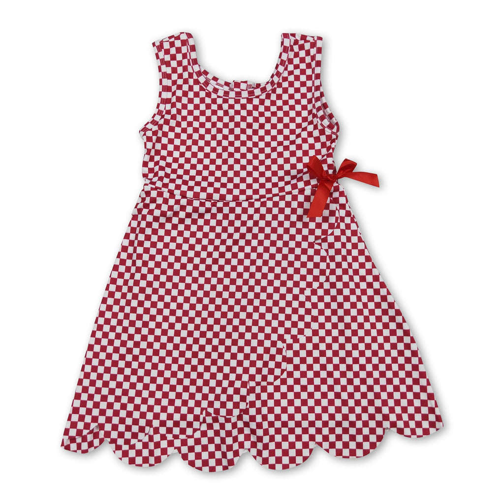 Sleeveless plaid scallop bow kids girls athletic dress