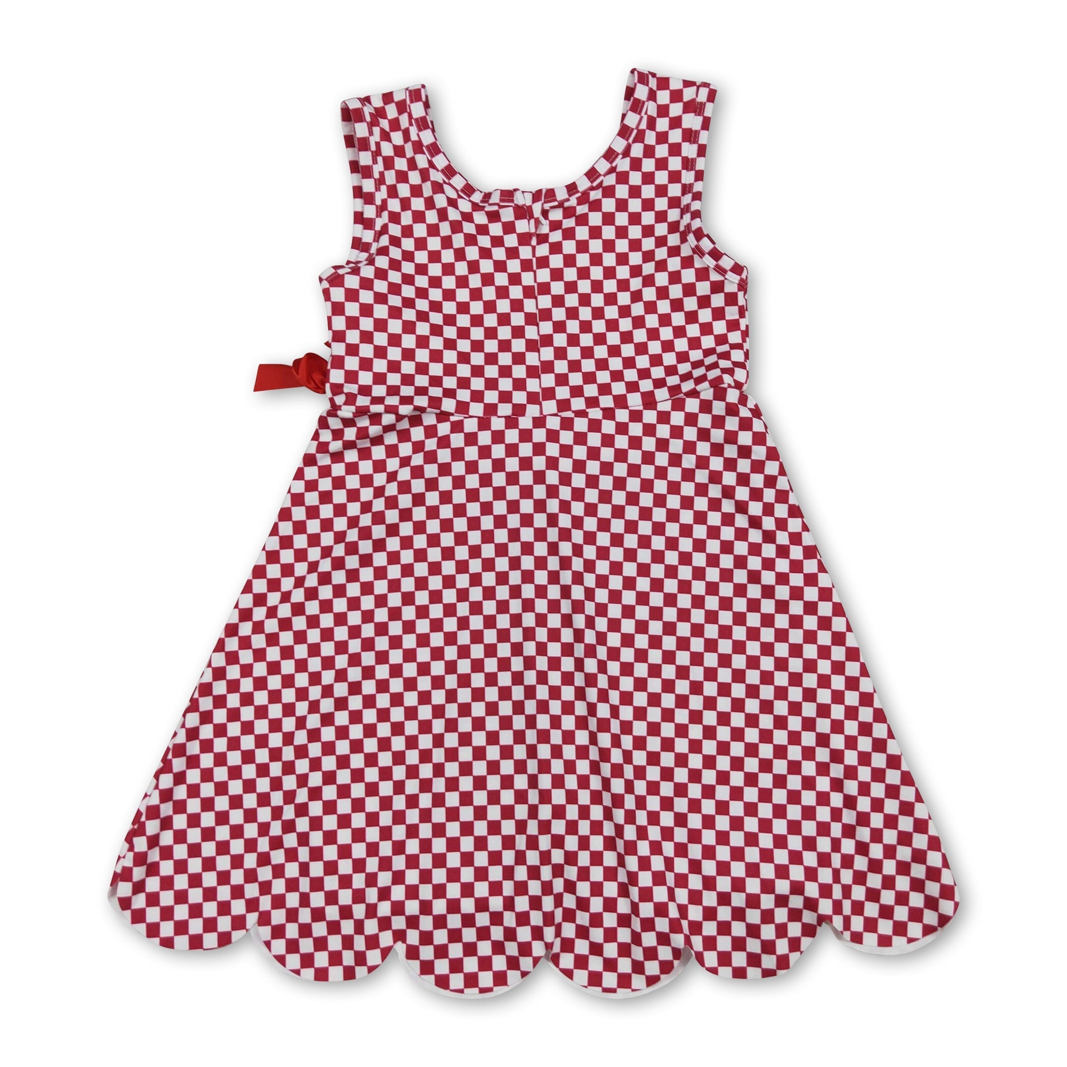 Sleeveless plaid scallop bow kids girls athletic dress