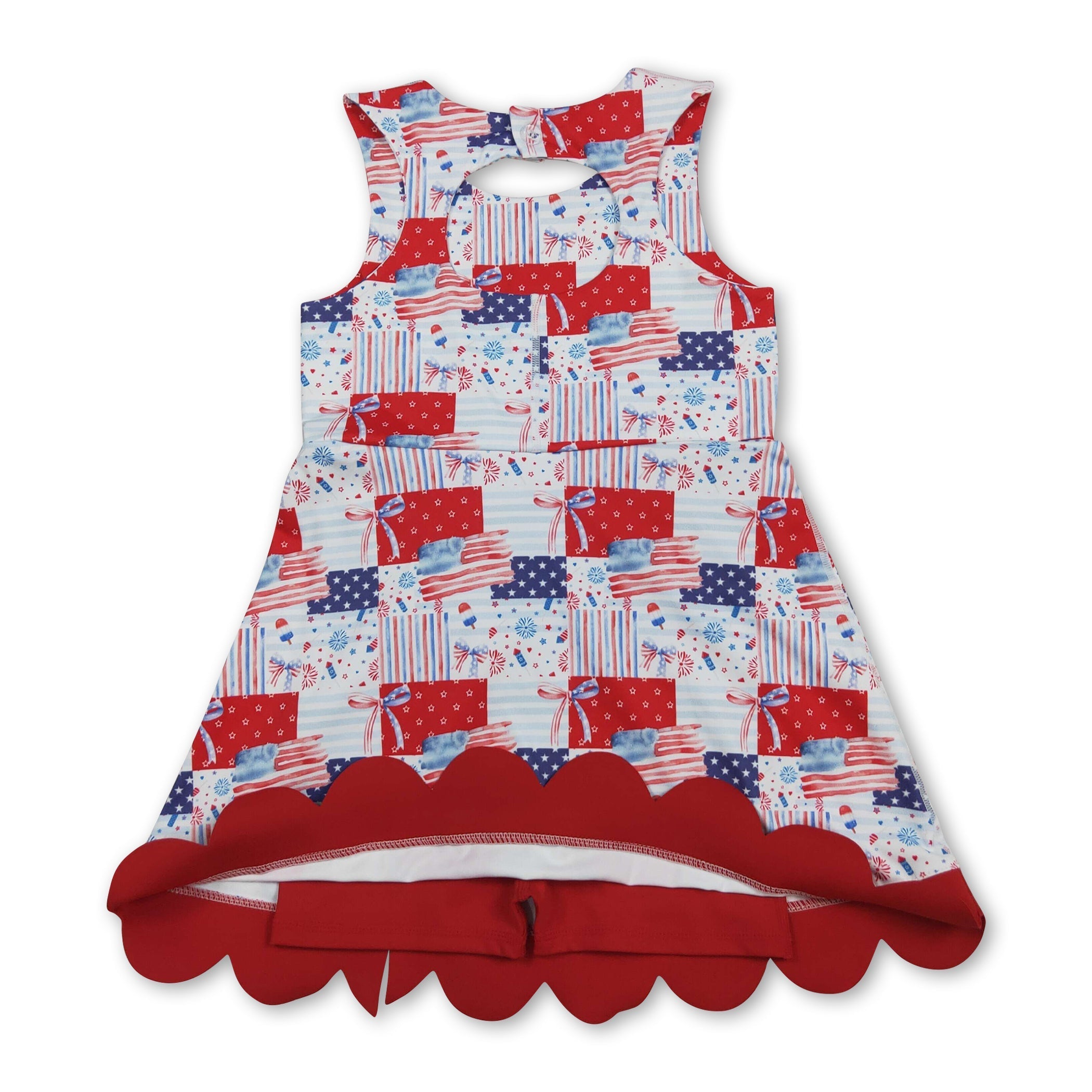 Sleeveless flag bow scallop girls 4th of july athletic dress
