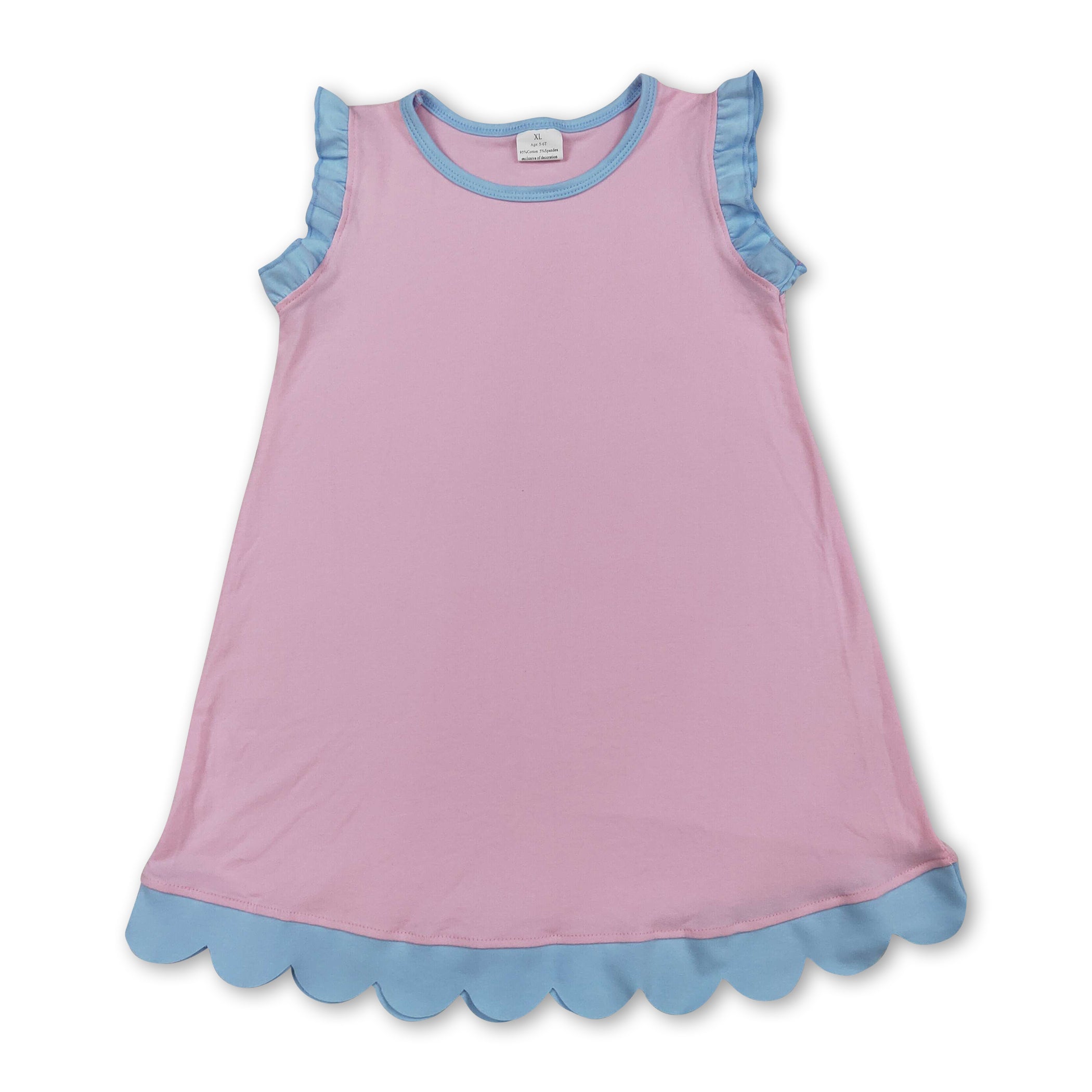 Light blue scallop ruffle sleeveless kids girls cotton dress