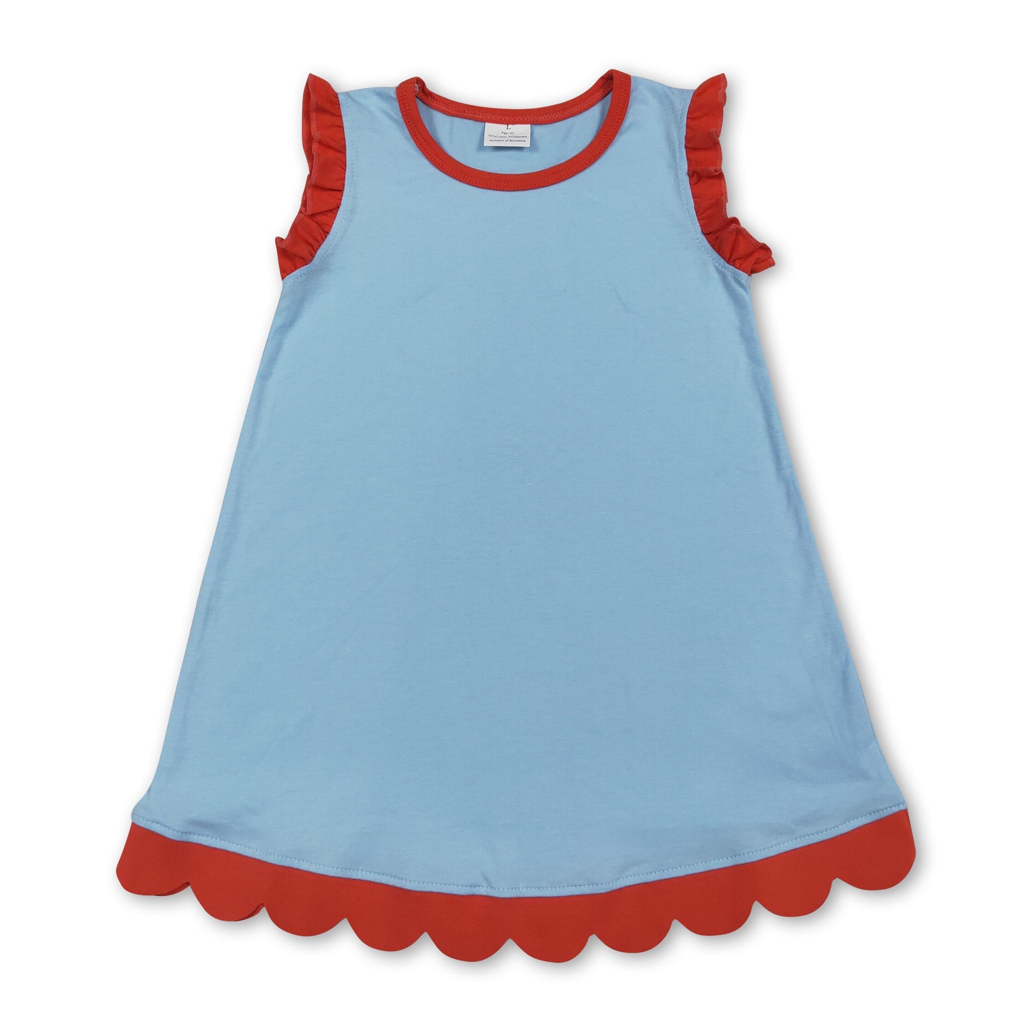 Scallop ruffle sleeveless light blue girls cotton dress