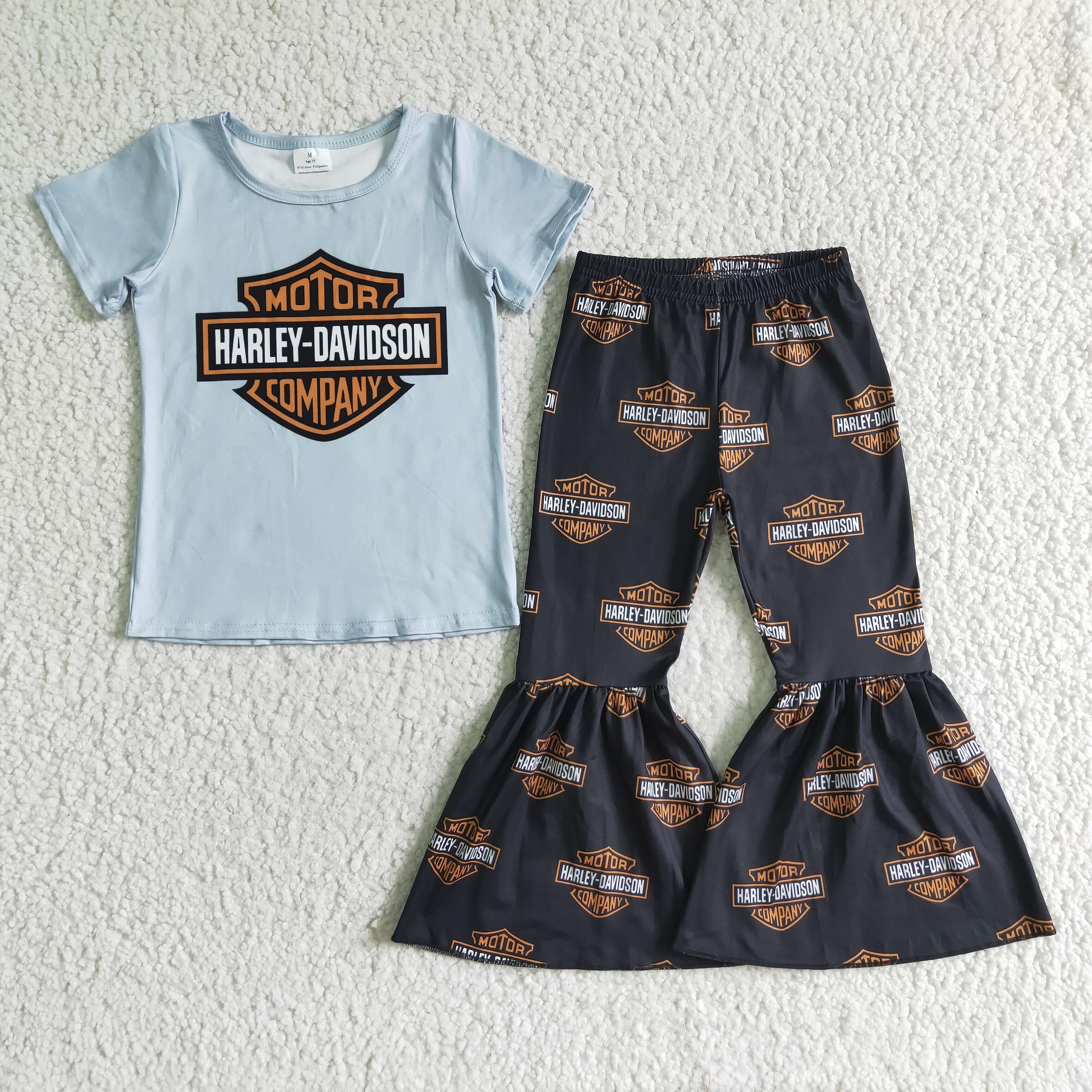 Short sleeve motor bell bottom pants kids girls cool set