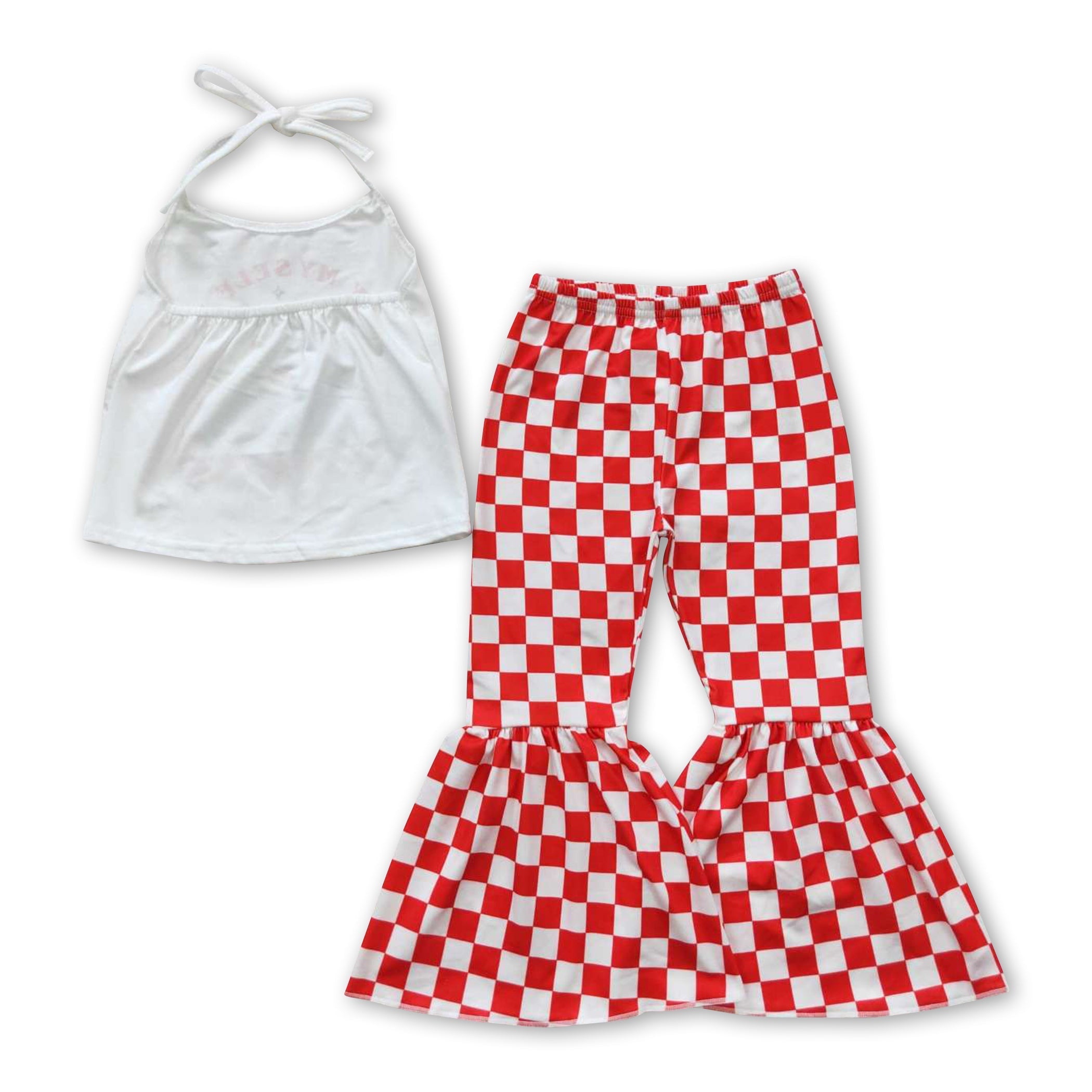 Flowers halter top plaid bell bottom pants girls outfits