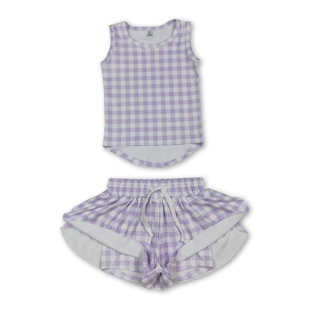 Sleeveless lavender plaid top shorts girls active wear set