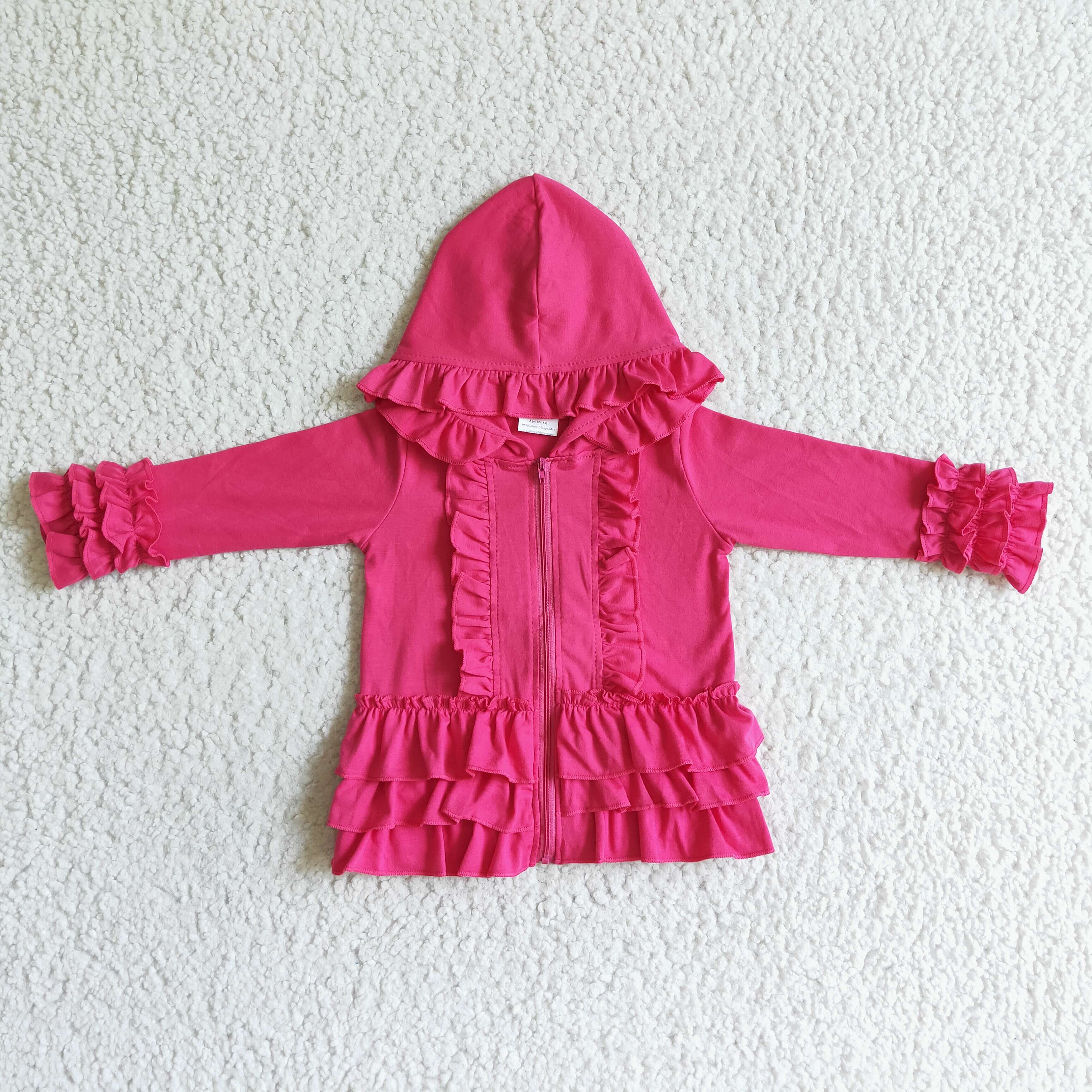 Solid hot pink zipper jacket girls ruffle hoodie cardigan
