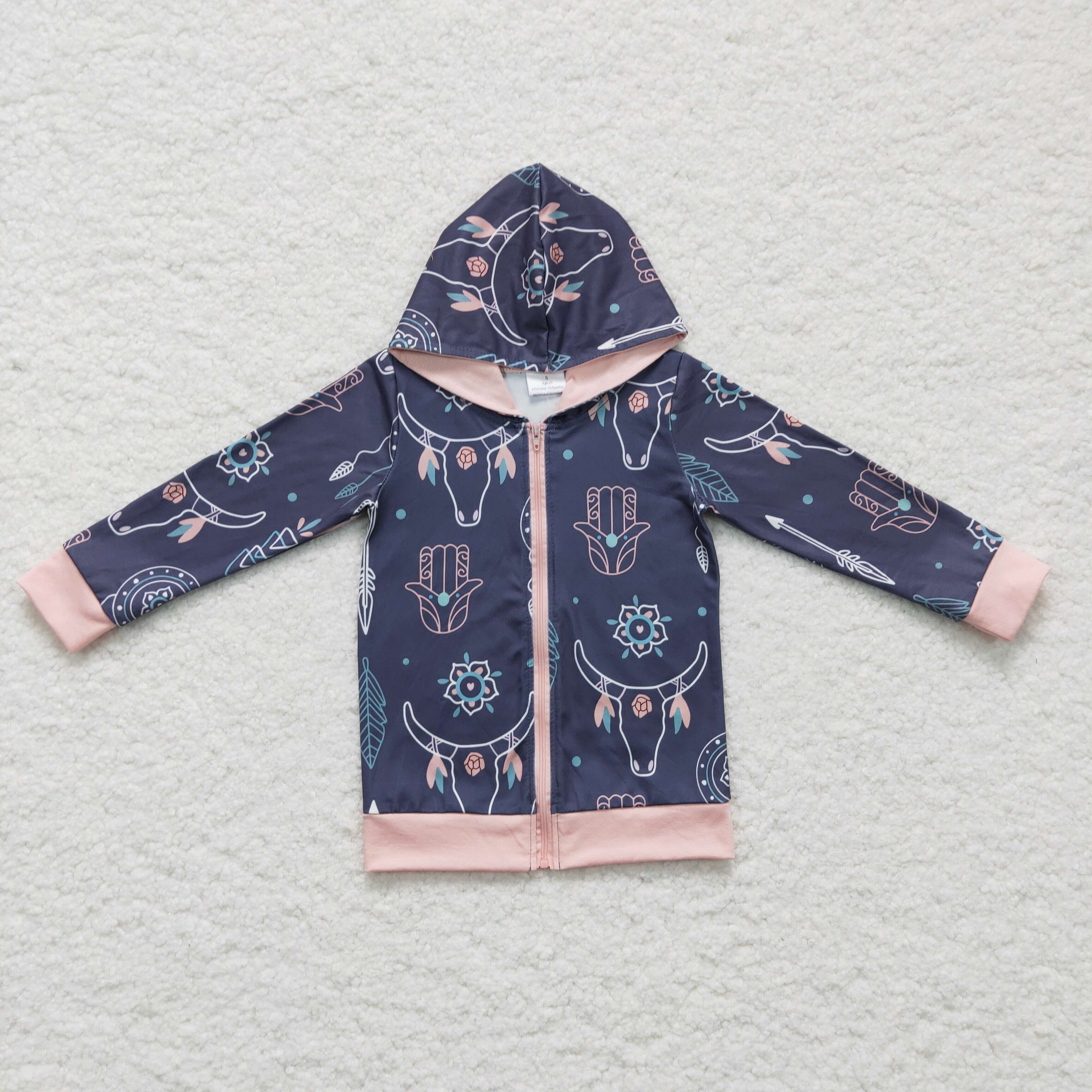 Bull skull feather zipper hoodie girls western jacket