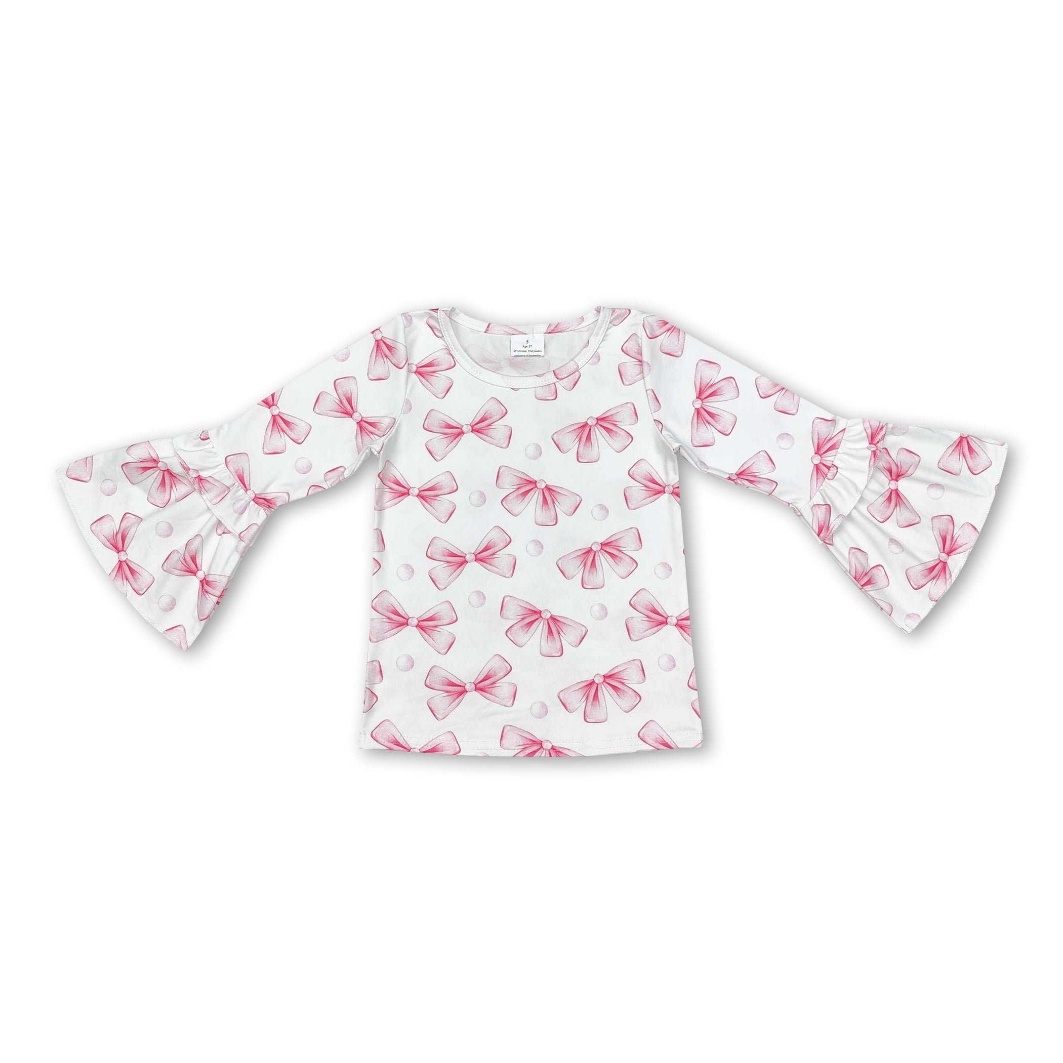 Long sleeves pink bow ruffle baby girls shirt