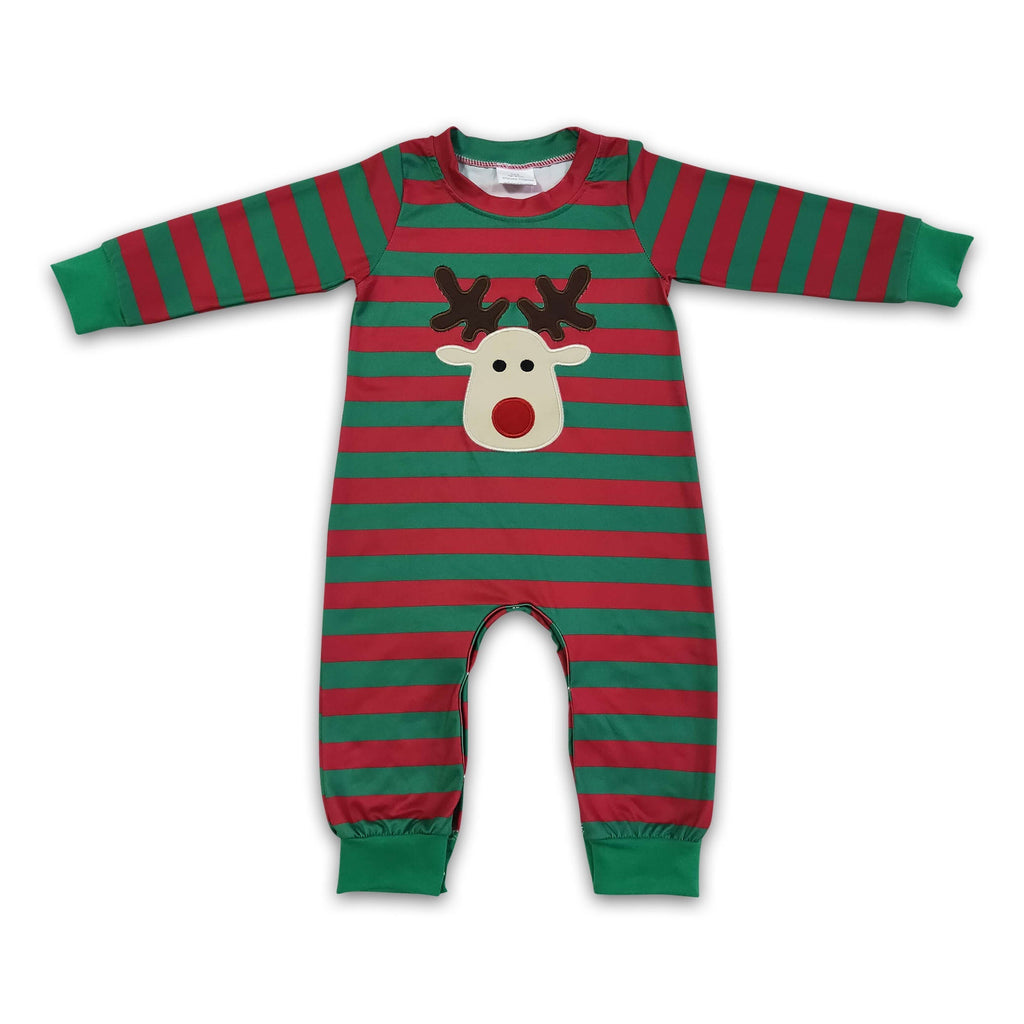 Red green stripe reindeer embroidery boy Christmas romper
