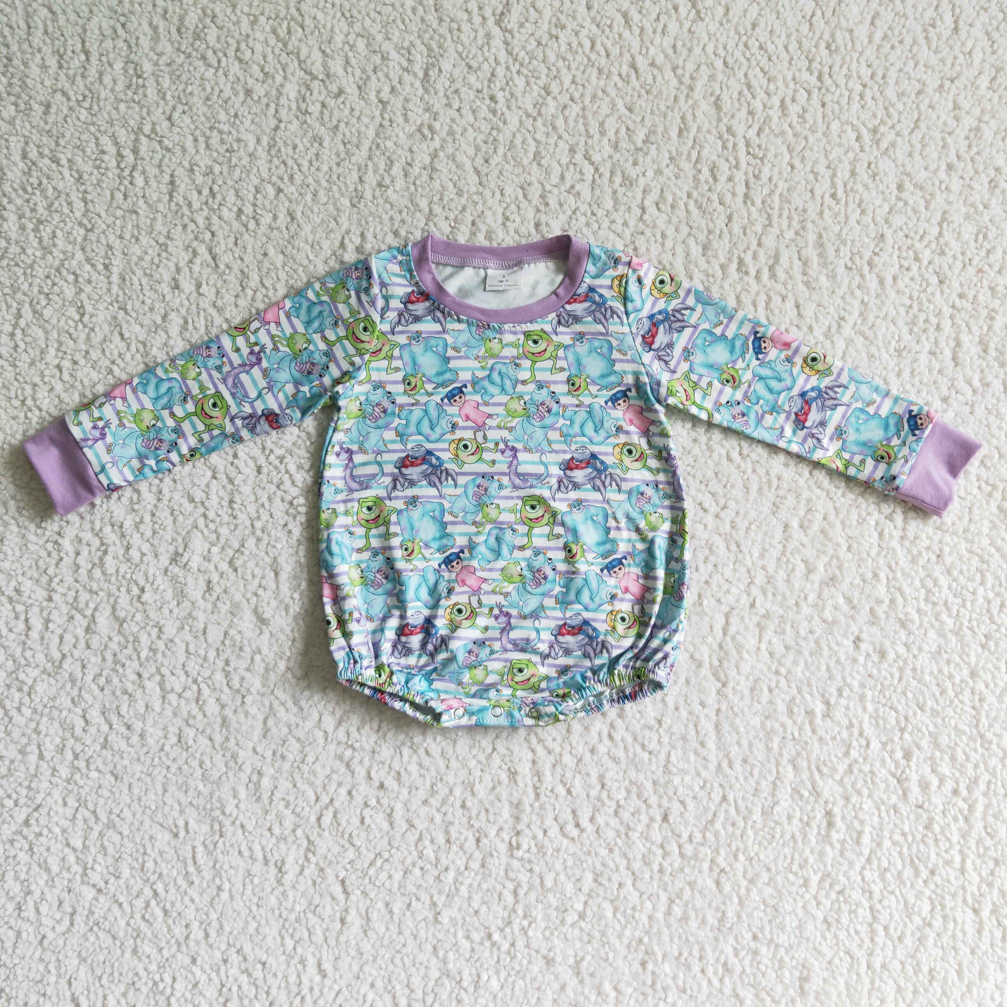 Monster stripe baby girls long sleeve romper