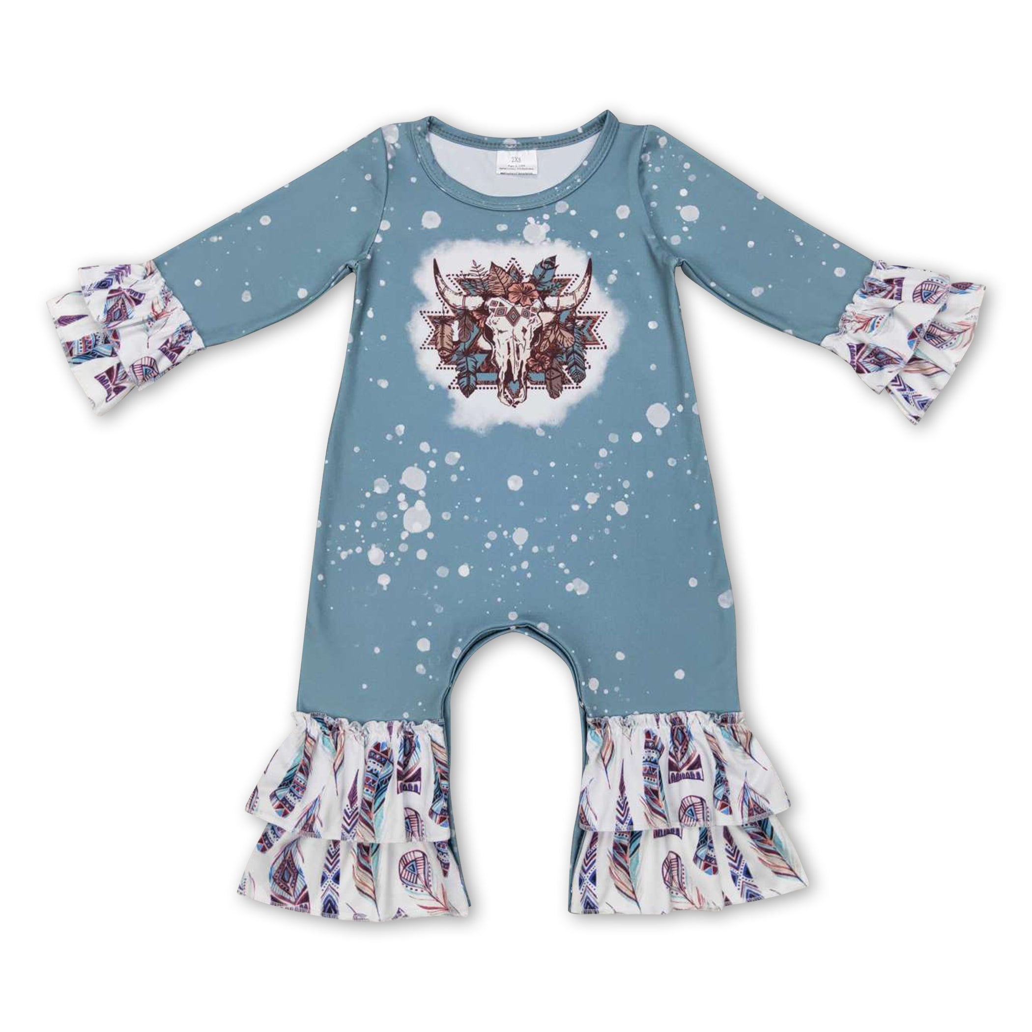 Bull skull feather baby girls western romper