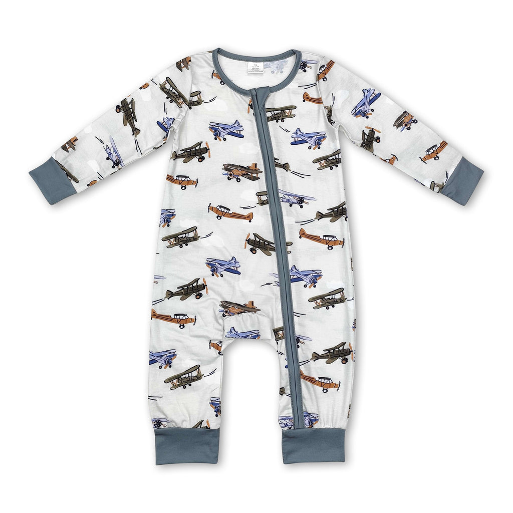 Long sleeves airplane baby boy zipper romper